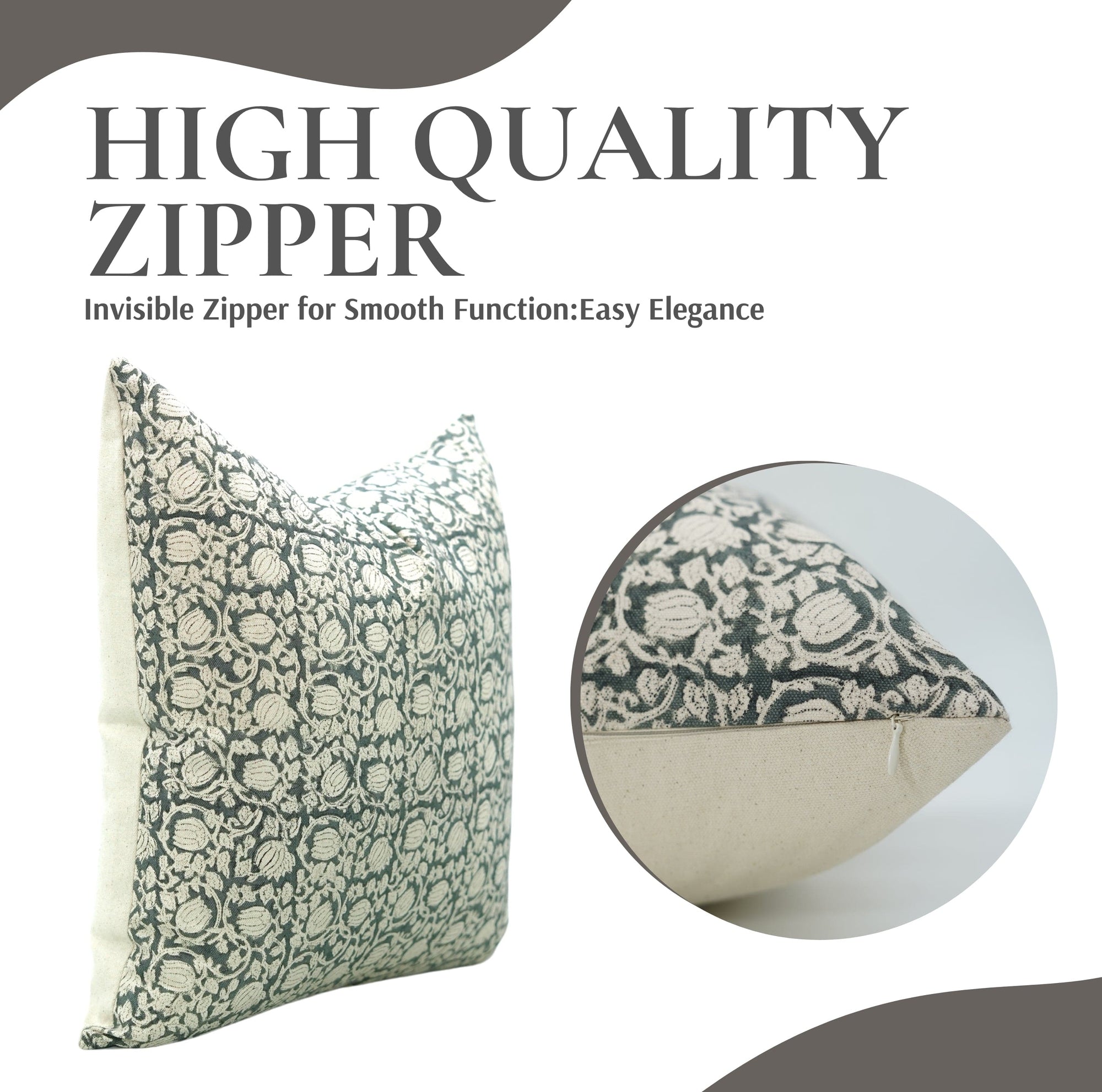Decorative pillow with floral pattern and text about high-quality zipper