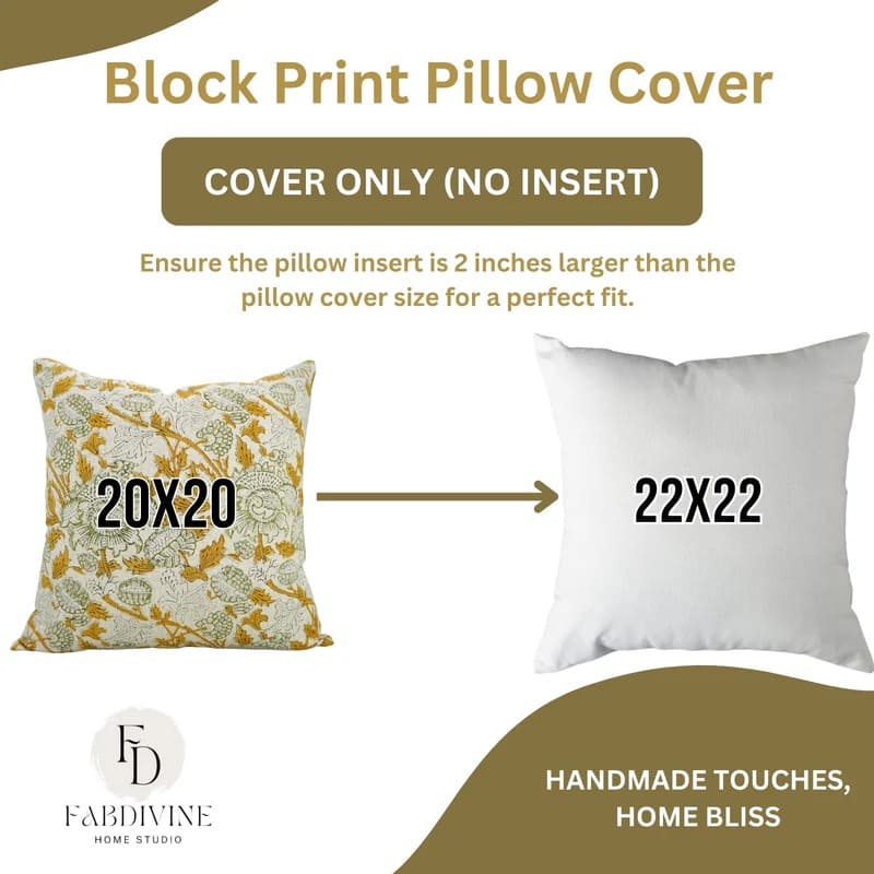 Block print pillow cover with dimensions and Fabdivine branding on a white background