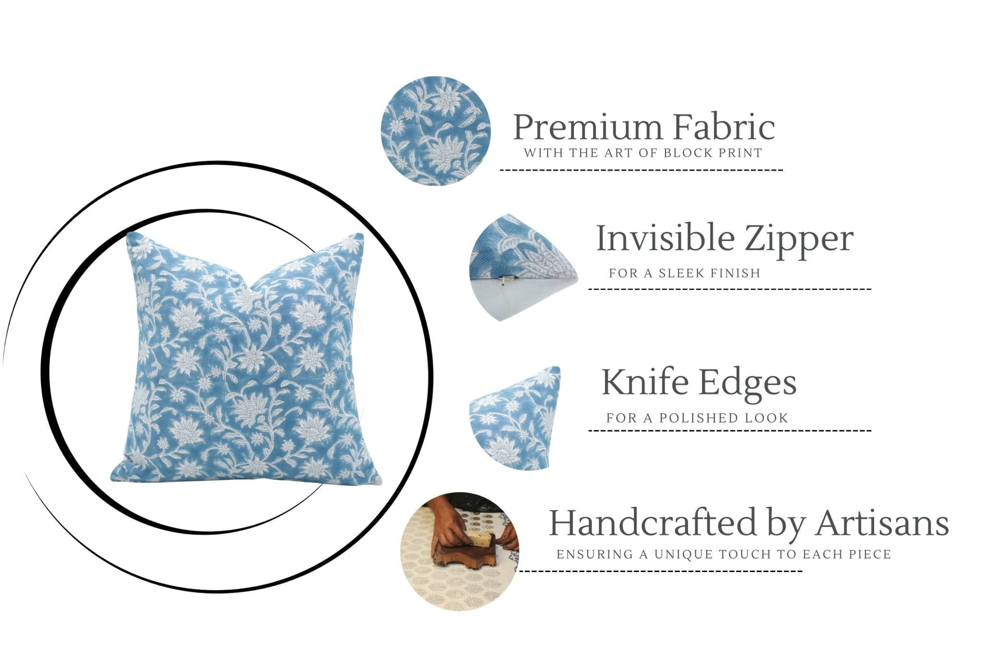 Block Print Blue Floral Cushion Cover - Aradhana