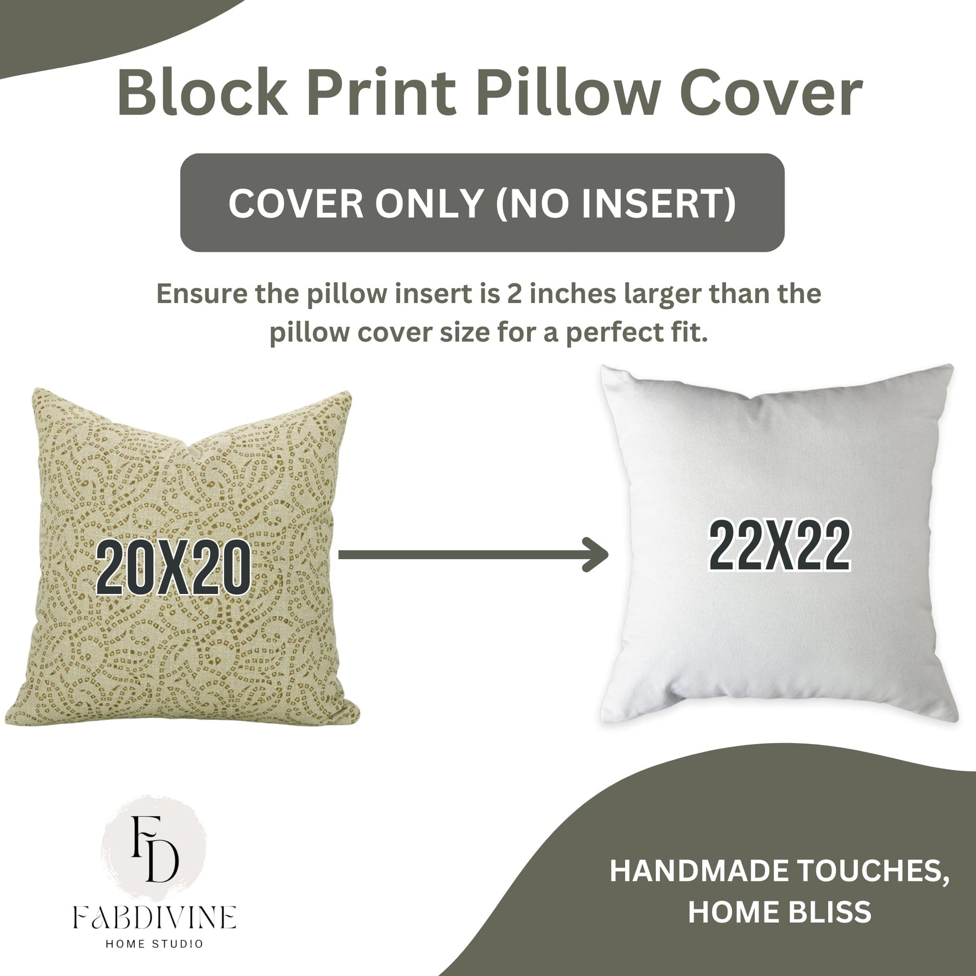 Block print pillow cover with dimensions 20x20 and 22x22, featuring FabDivine Home Studio branding.