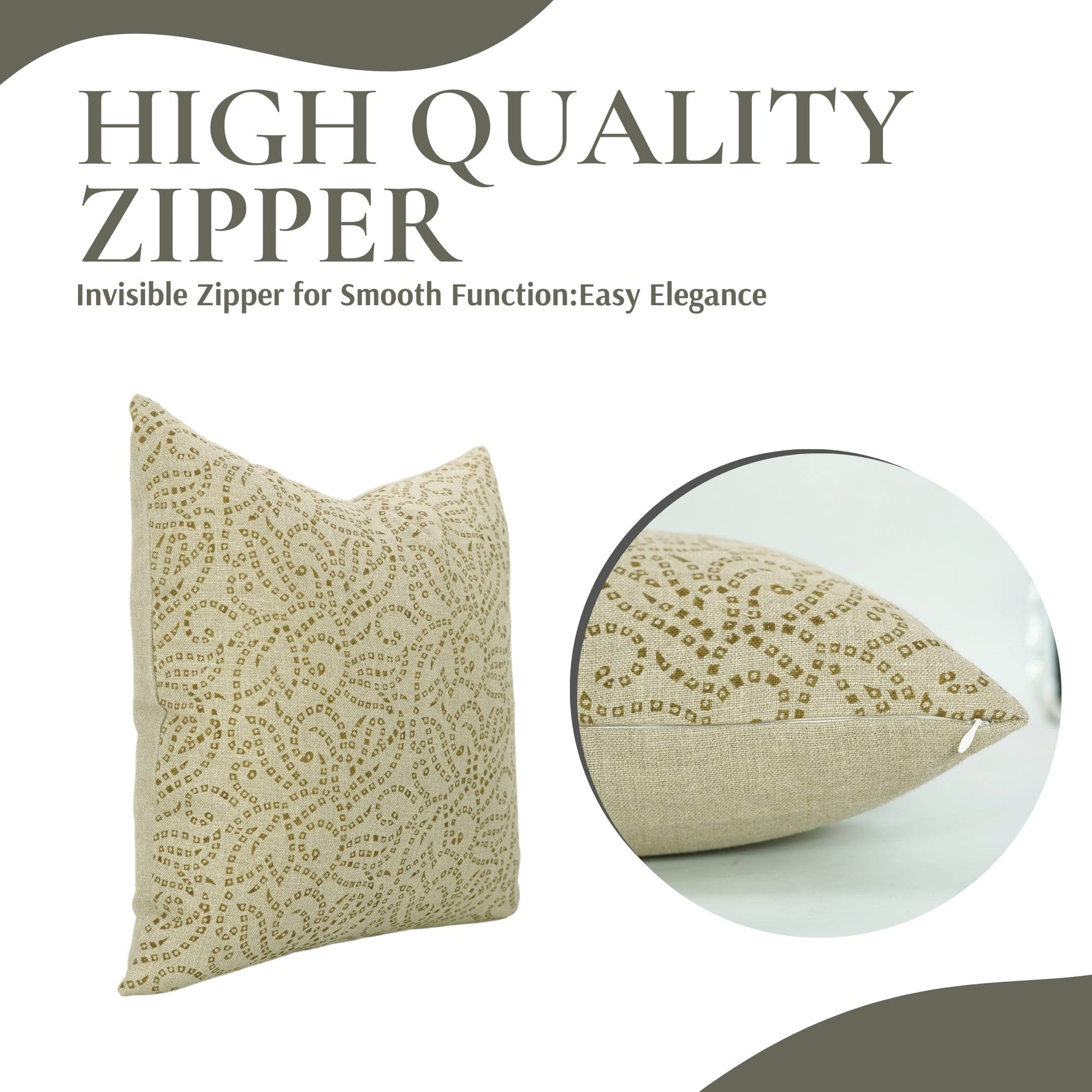 Beige decorative pillow with a subtle pattern on a white background, featuring text about high-quality zipper.