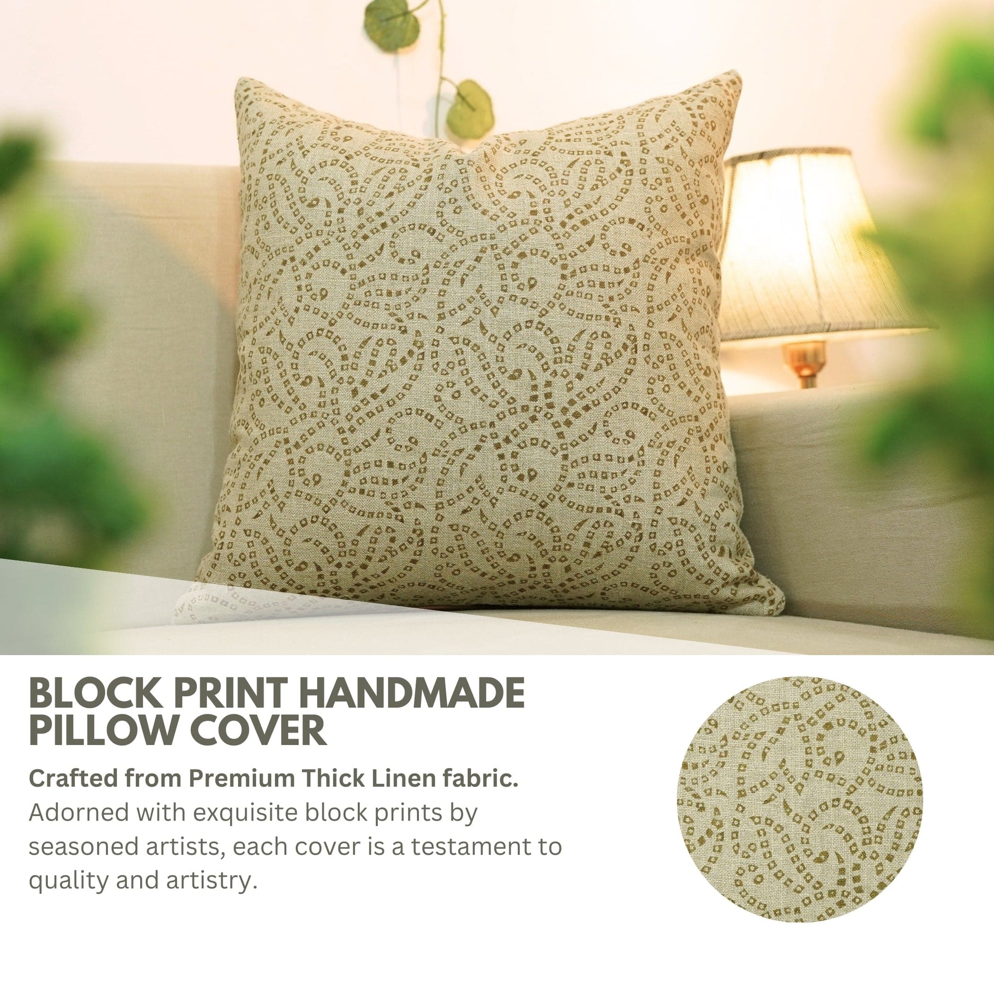 Decorative pillow cover with block print design on a sofa, featuring text about the material and craftsmanship.