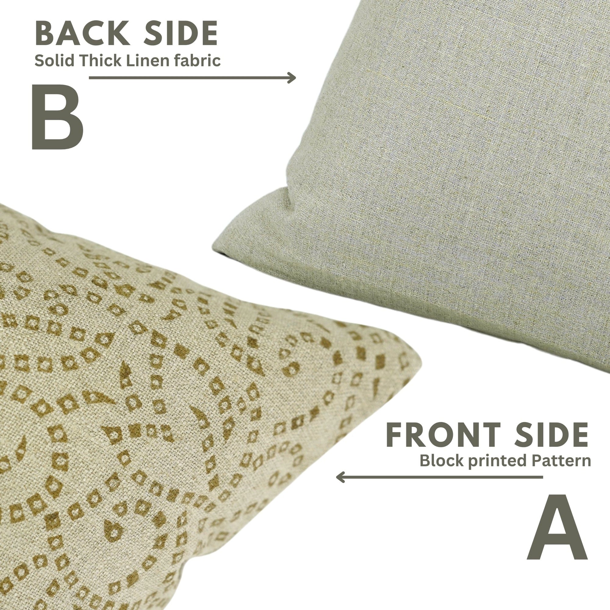 Two pillows showing front and back sides with text labels.

