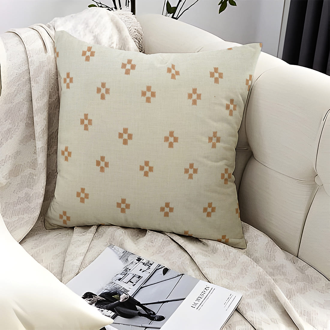 Handblock print Barfi pillow cover by Fab Divine, linen blend fabric