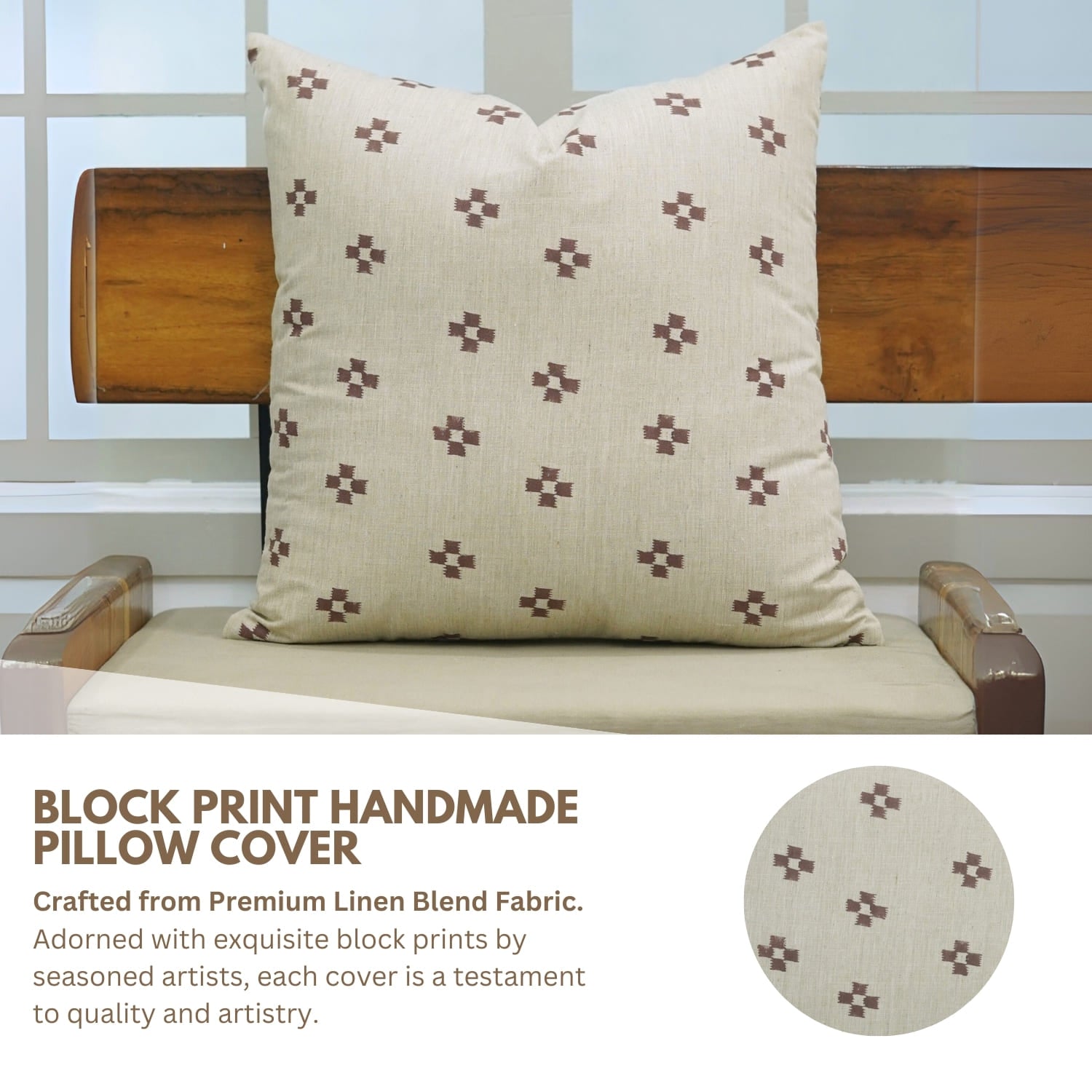 Elegant handblock print pillow cover in Barfi pattern, Fab Divine, linen blend material