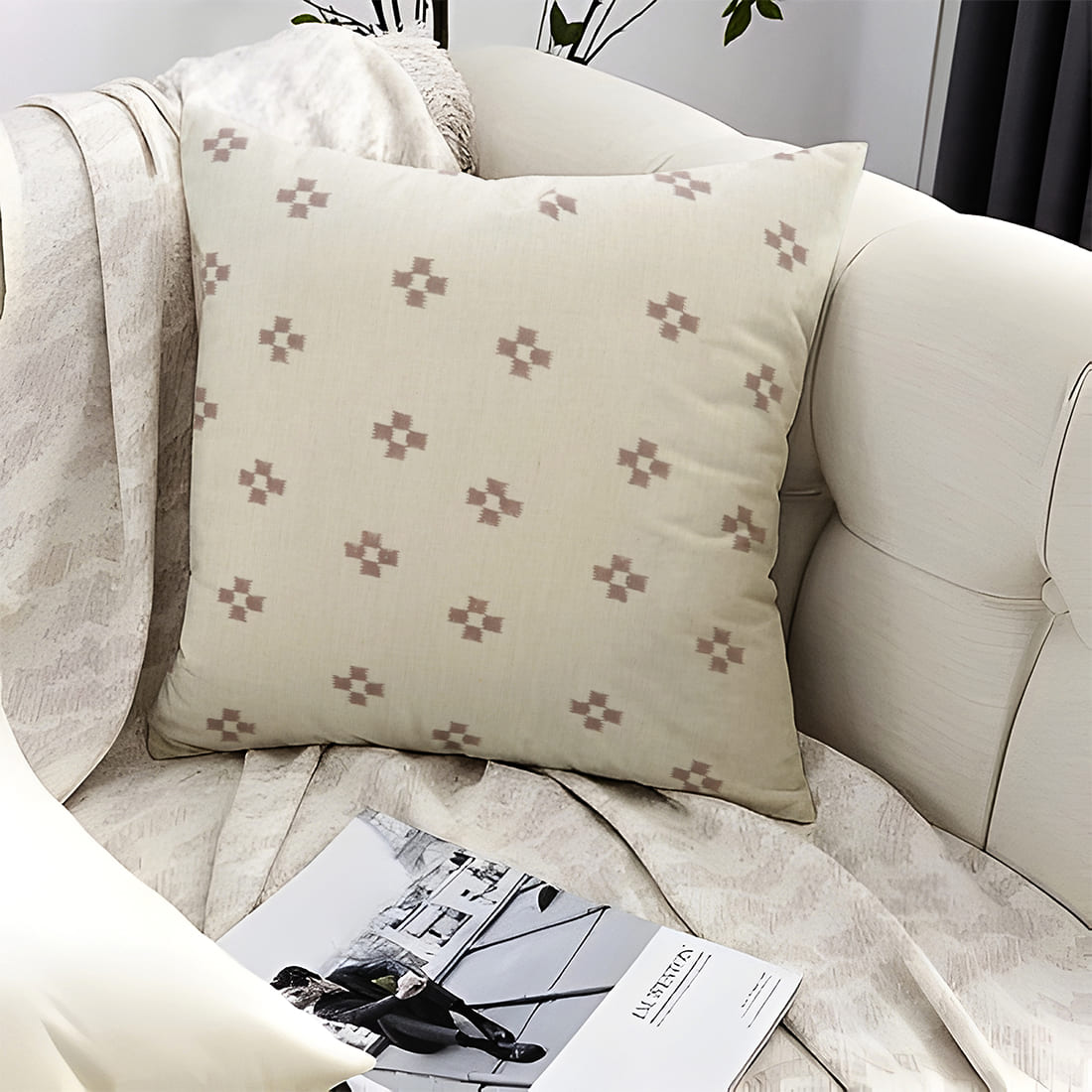 Linen blend pillow cover with Barfi handblock print by Fab Divine.