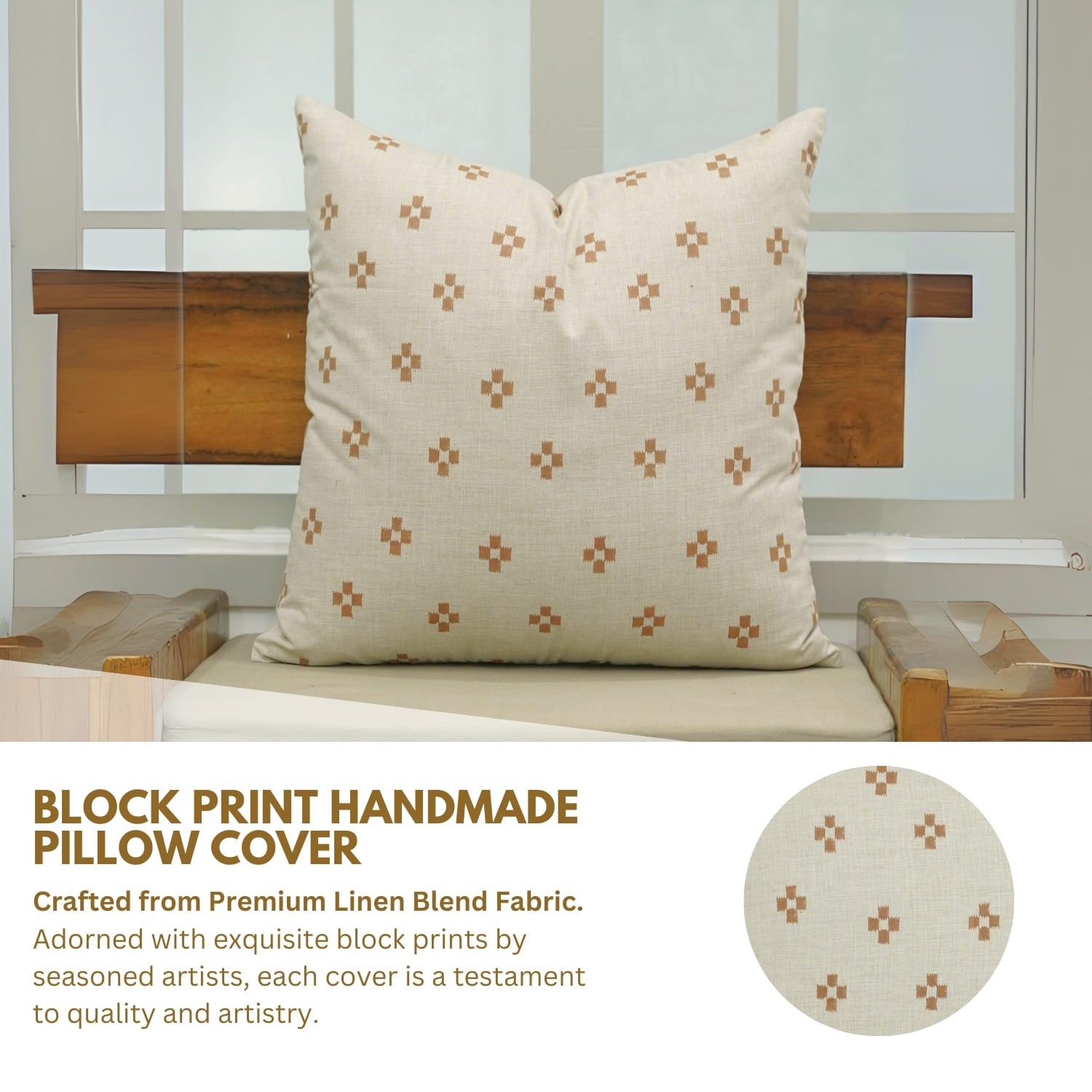 Hand block printed Barfi cushion cover in linen blend fabric by Fabdivine