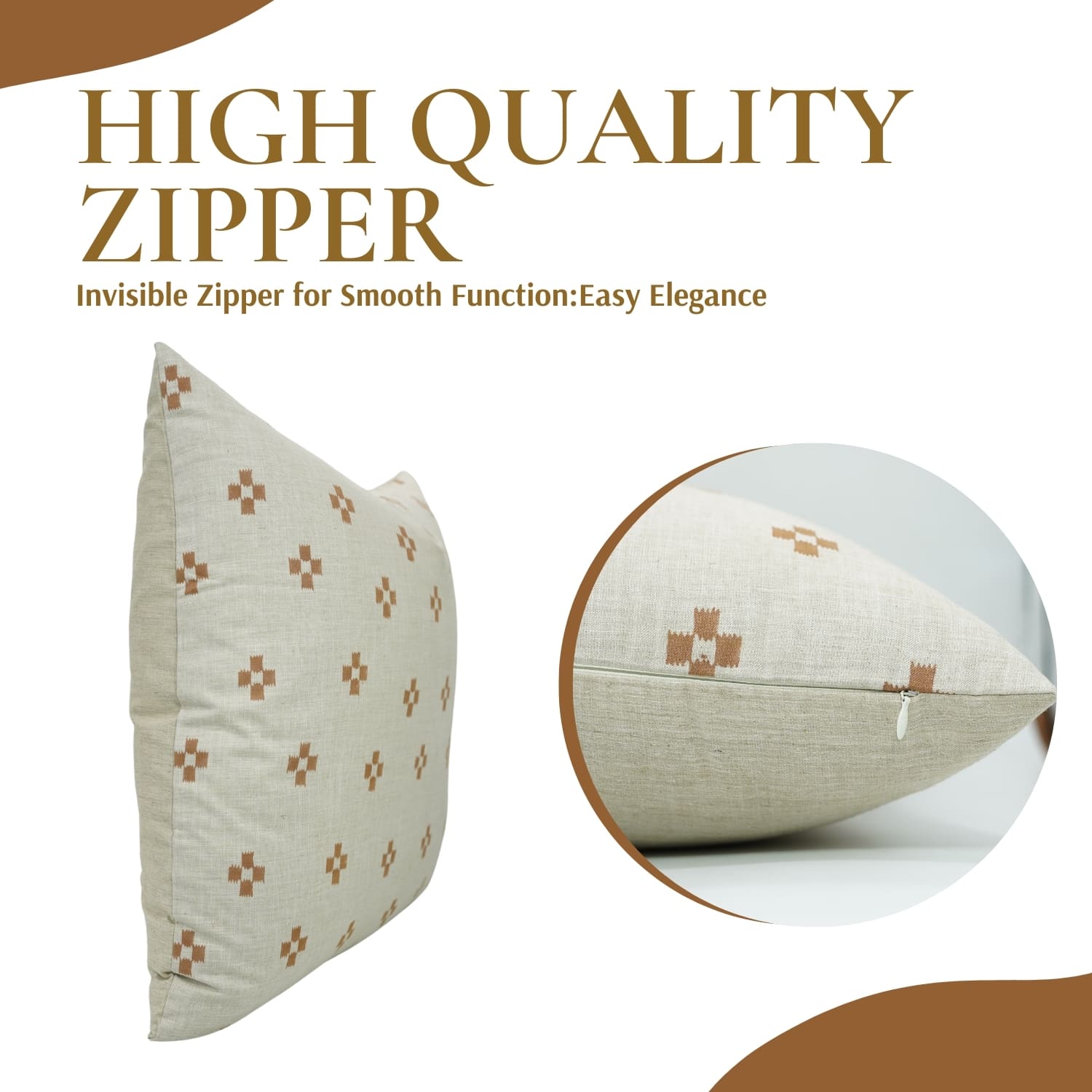 Block printed decorative pillow with leaf motifs on white fabric