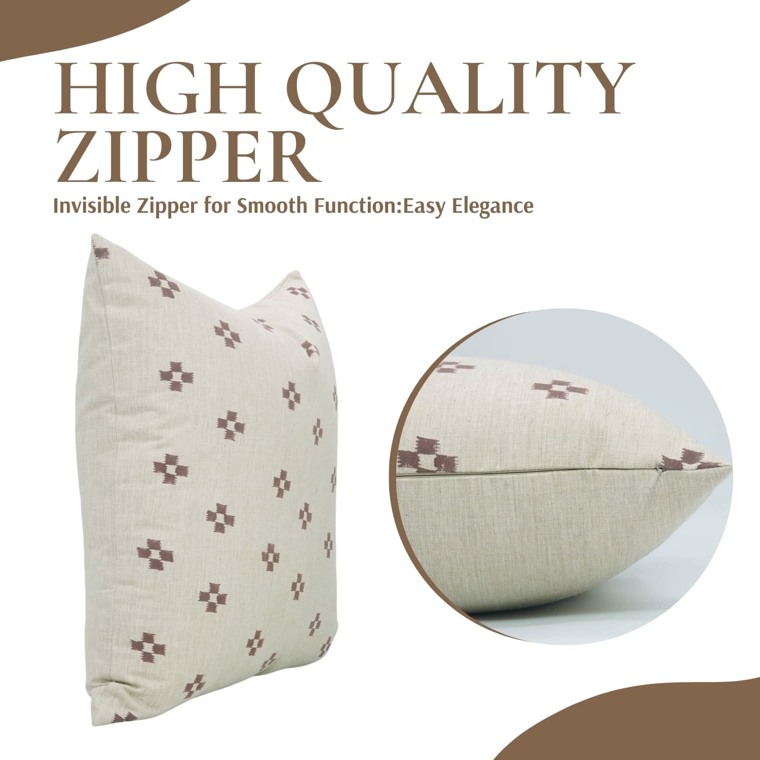 Decorative pillow with a zipper and floral pattern on a white background