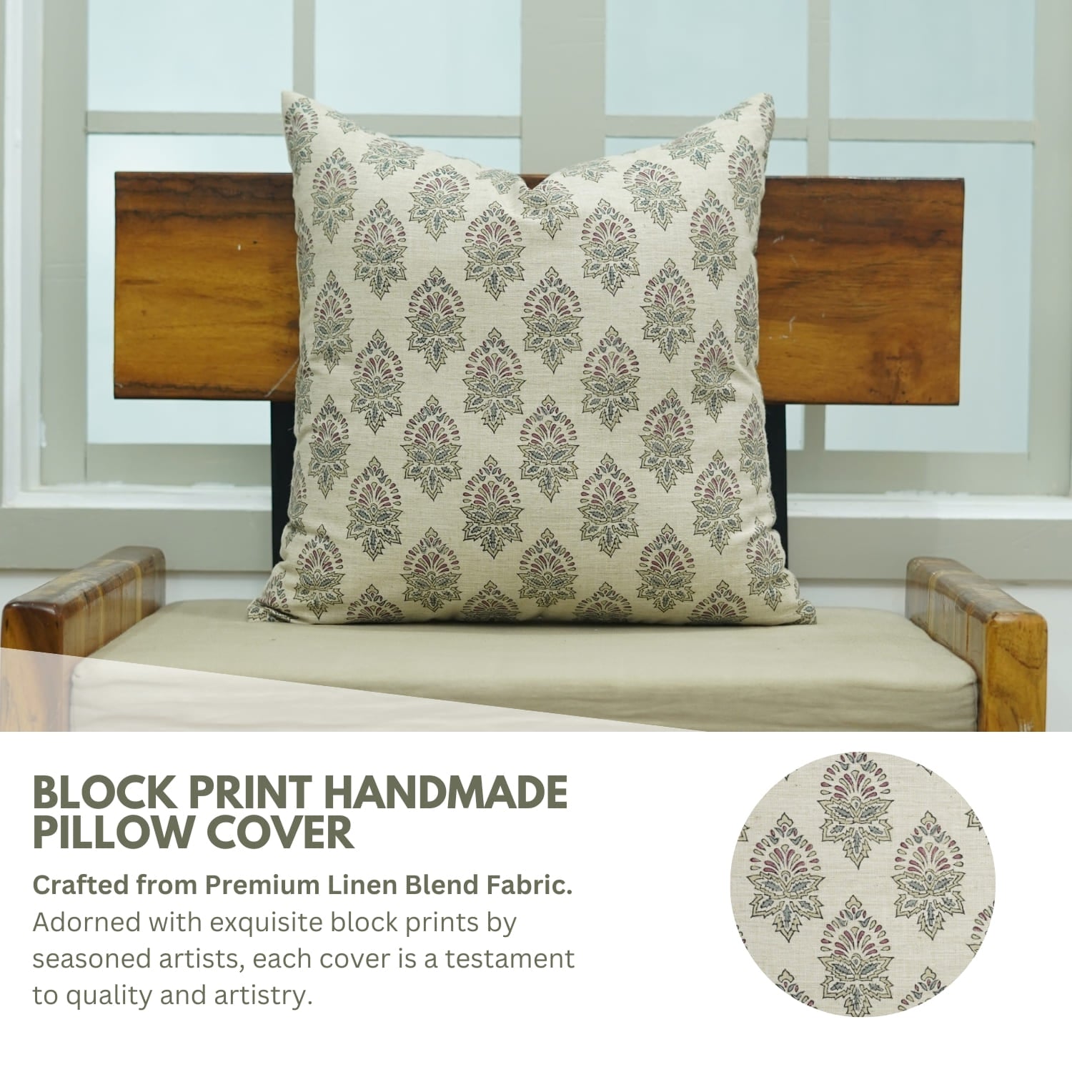 Handcrafted Gray Linen Pillow Cover -  Betel Leaf