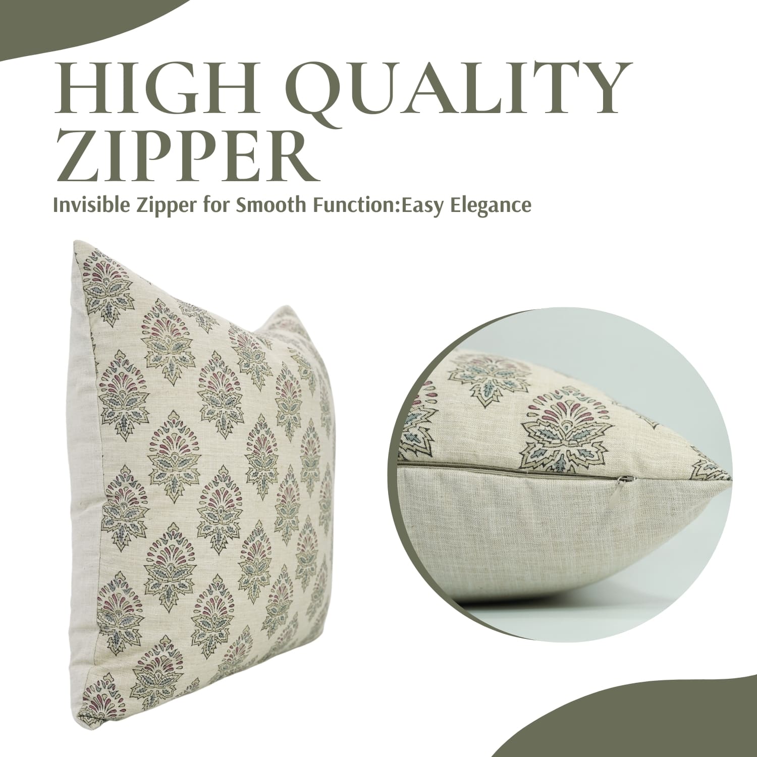 Handcrafted Gray Linen Pillow Cover -  Betel Leaf