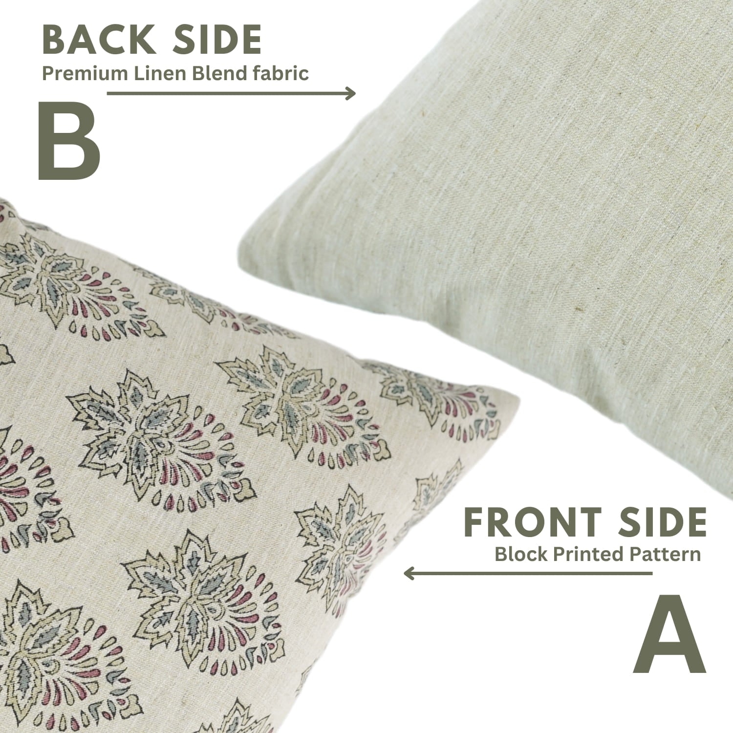 Handcrafted Gray Linen Pillow Cover -  Betel Leaf