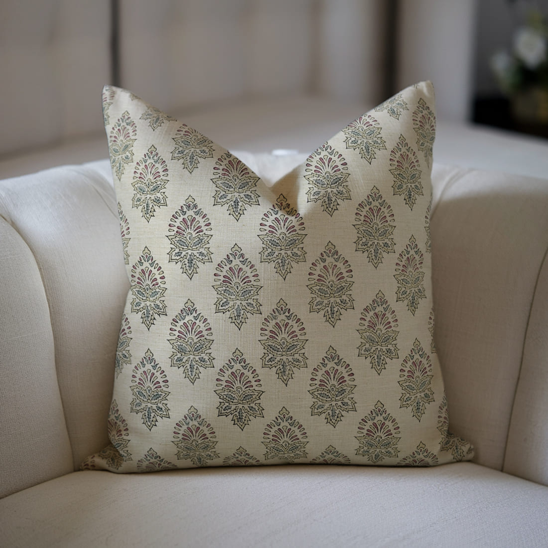 Handcrafted Gray Linen Pillow Cover -  Betel Leaf