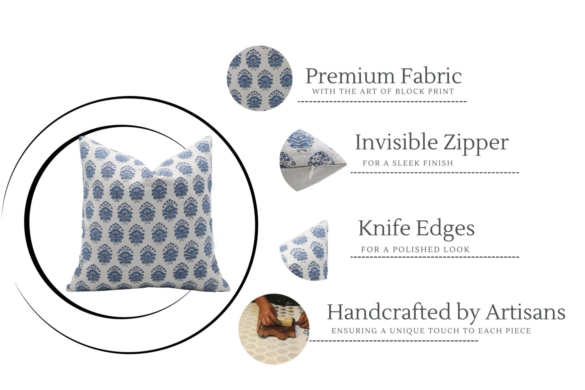 Block Print Blue Linen Pillow Cover - Bheeshma