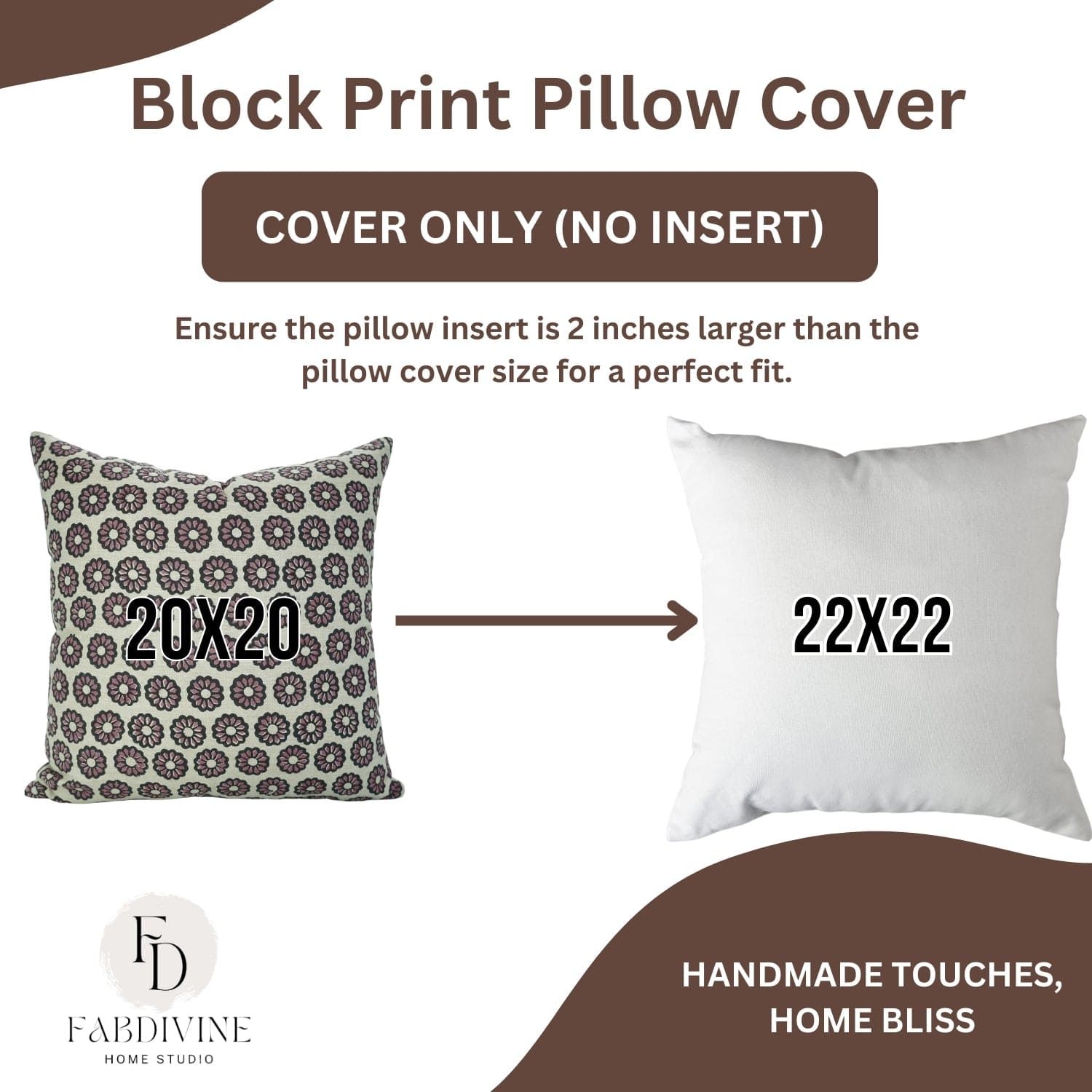 Fit size view of Fab Divine handblock print Bulbul pillow cover, highlighting proportions and fabric