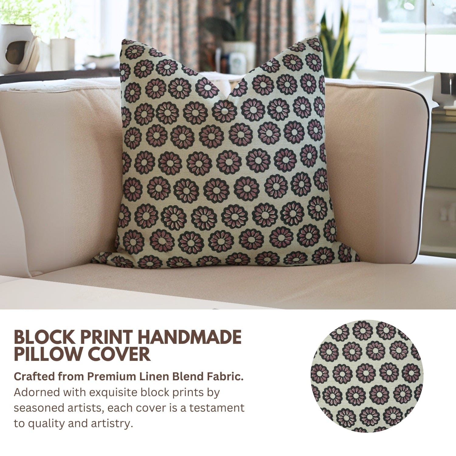 Handblock print Bulbul cushion cover by Fab Divine, linen blend fabric
