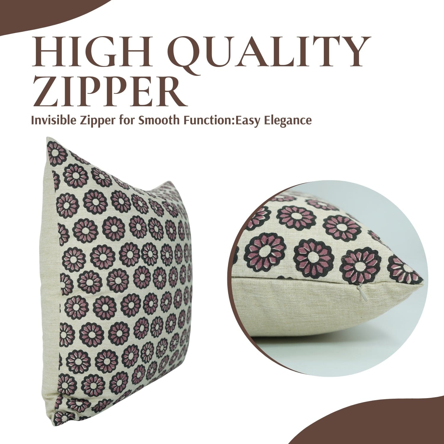 Decorative handblock print Bulbul cushion cover with visible zip line by Fab Divine