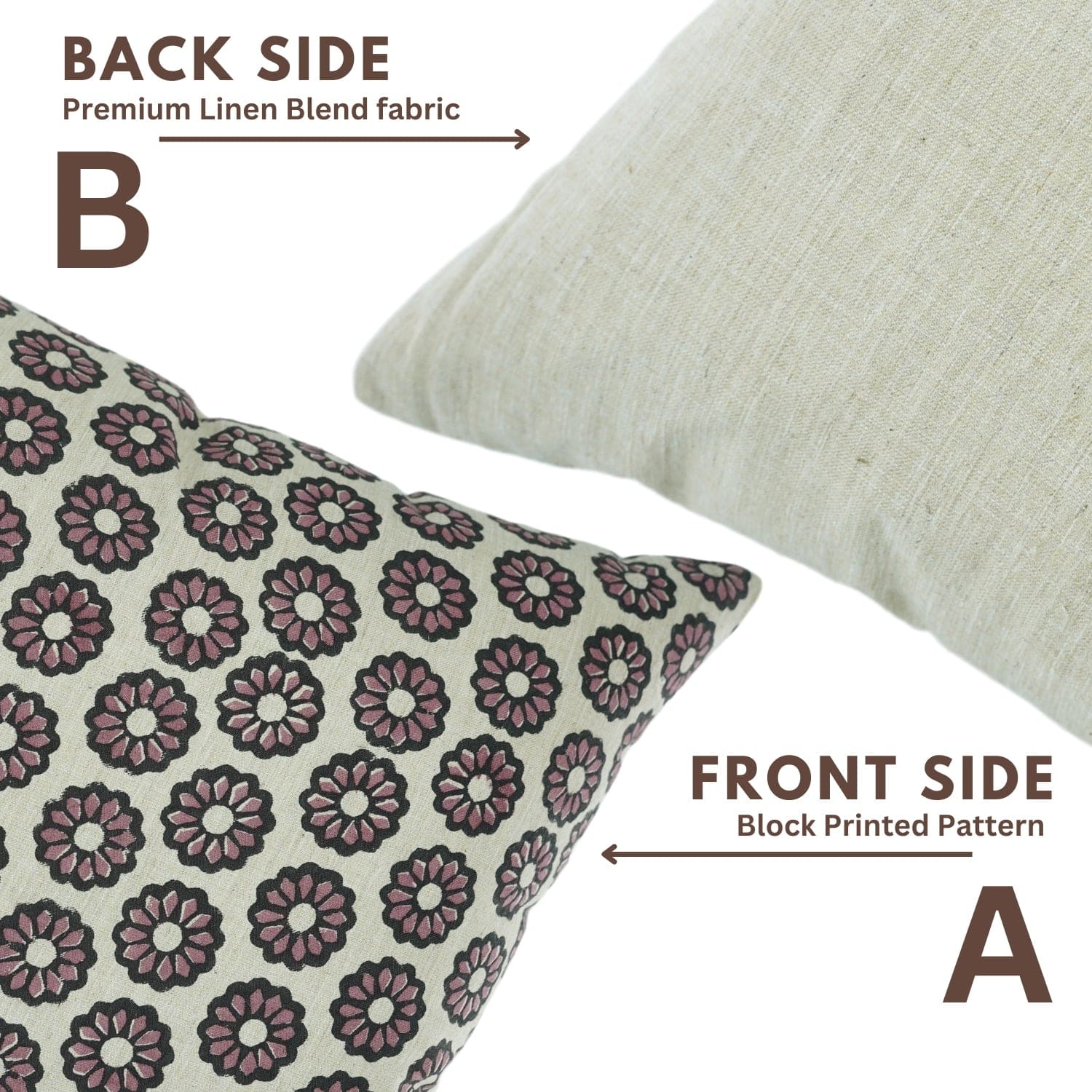 Bulbul handblock print cushion cover by Fab Divine, showing printed front and plain back for home décor