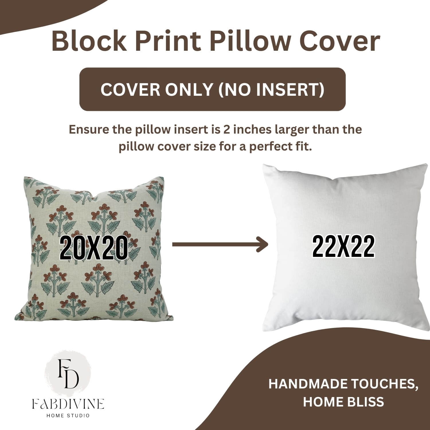 Decorative handblock print cushion cover, Chahat design, pure linen by Fab Divine