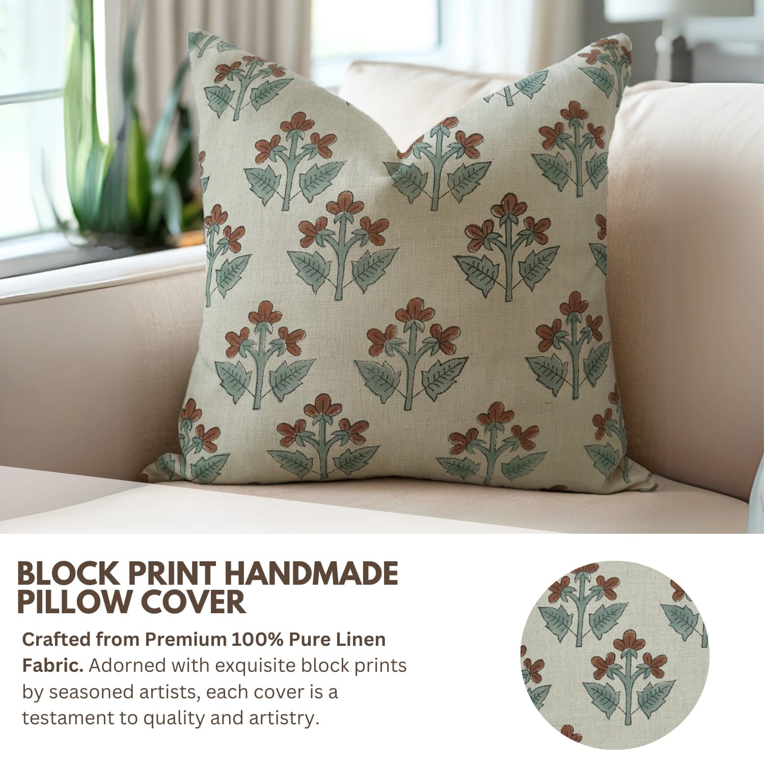 Handblock print Chahat cushion cover by Fab Divine, pure linen fabric