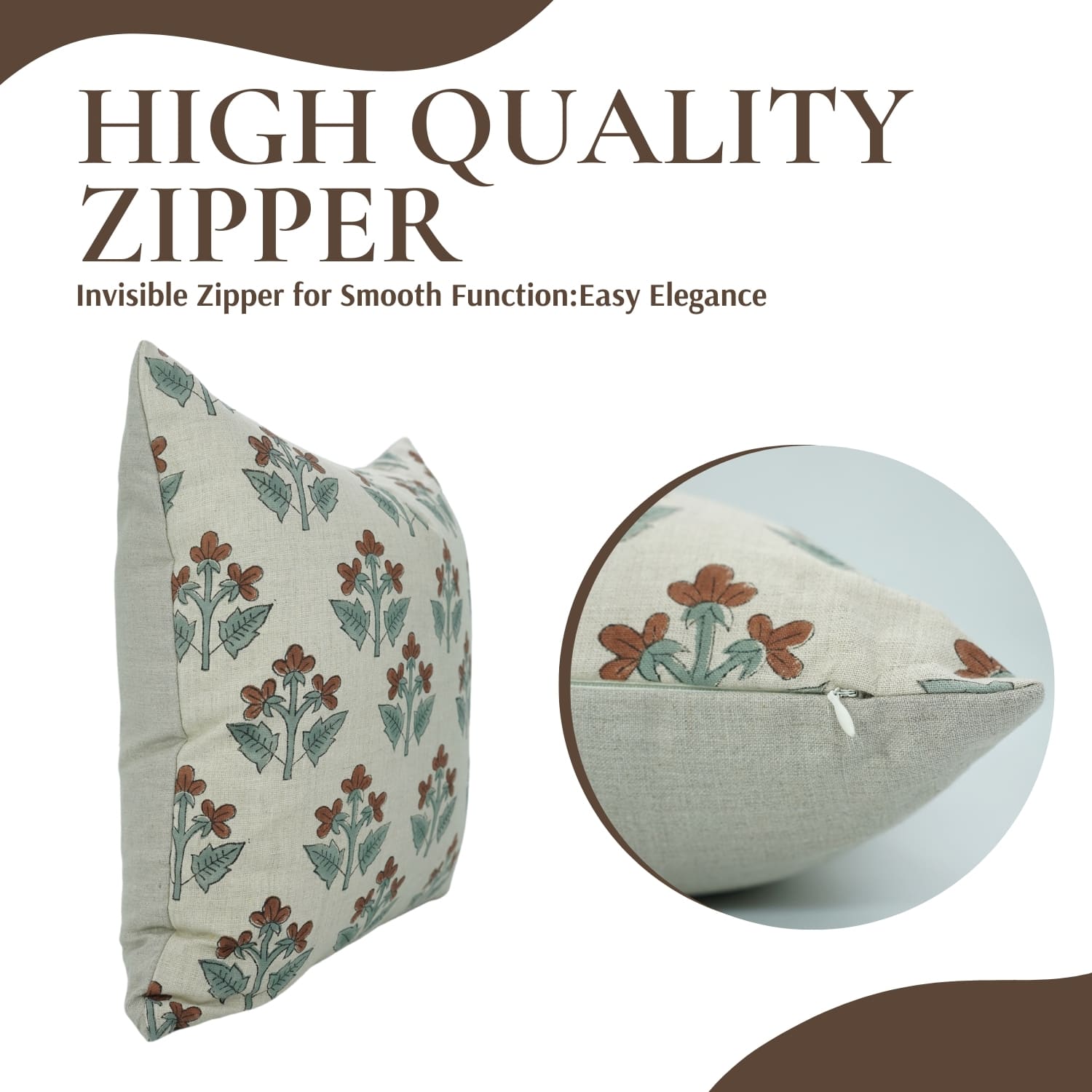 Fab Divine handblock print cushion cover in Chahat design, pure linen fabric