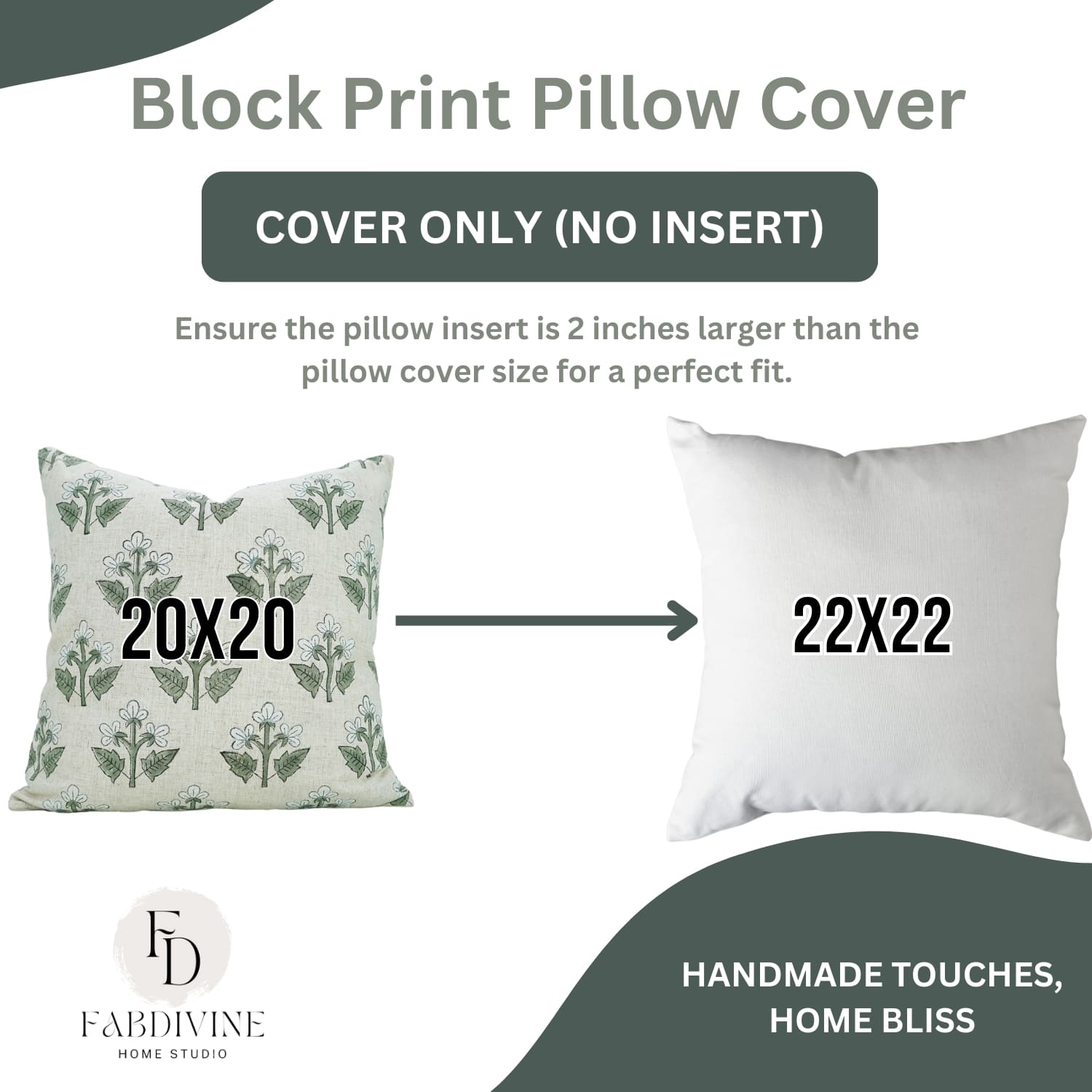 Block print pillow cover with dimensions and Fab Divine Home Studio branding.
