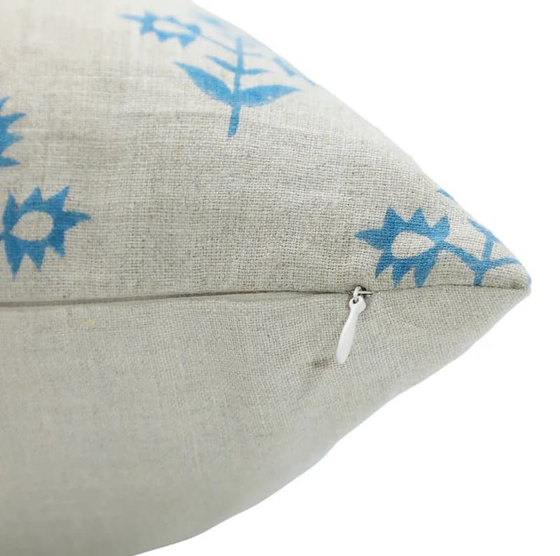 Sky Blue Floral Linen Throw Cover - Chameli