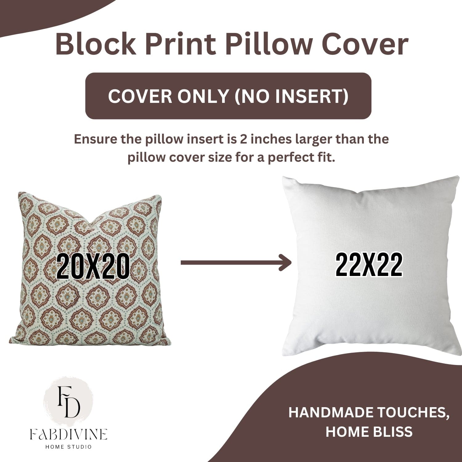 Block print pillow cover with size information and Fab Divine Home Studio branding.

