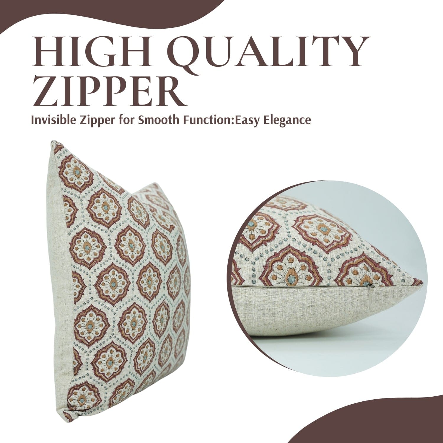 Decorative pillow with geometric pattern and text about high-quality zipper