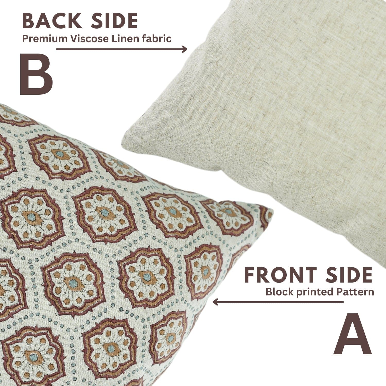 Two pillows showing front and back sides with text indicating fabric type and pattern.