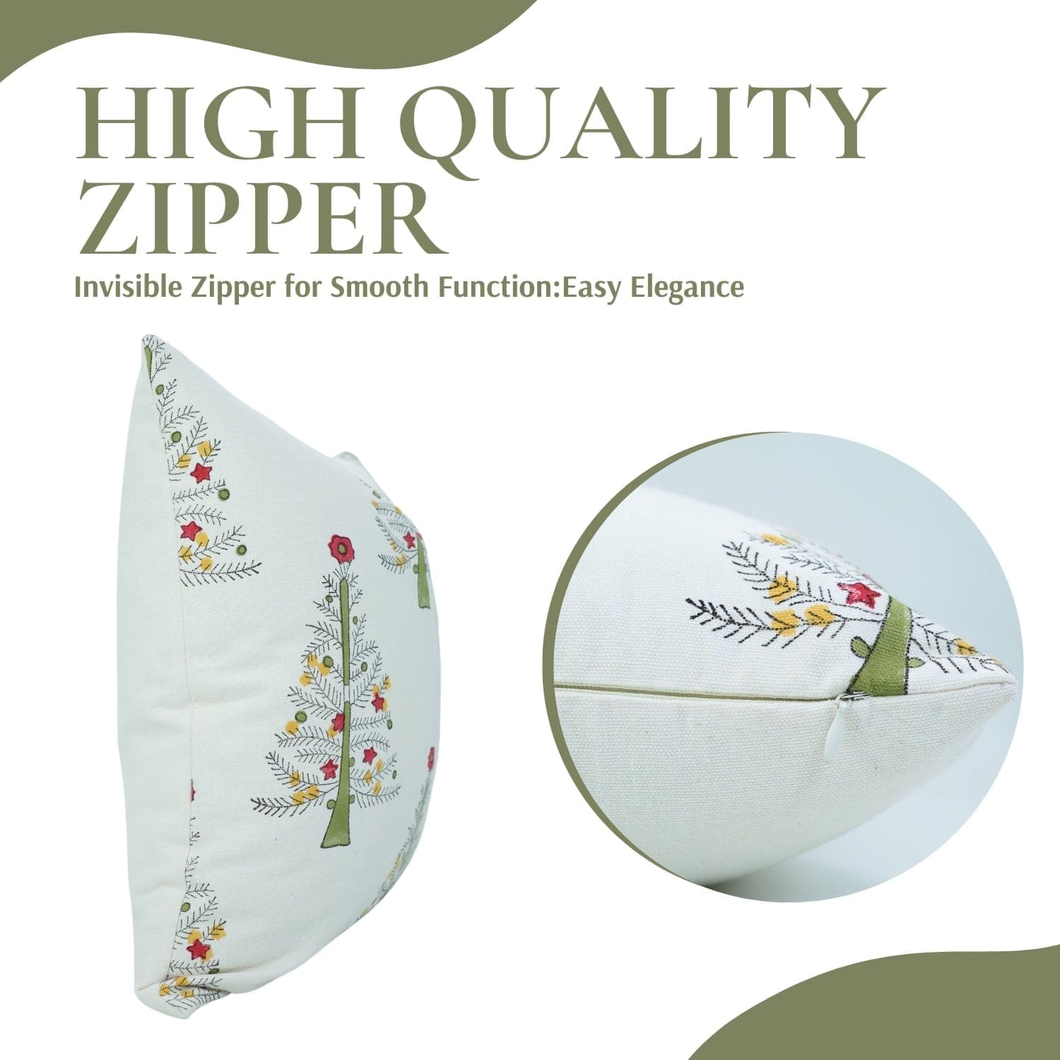 Decorative pillow with floral embroidery and an invisible zipper, on a white background.