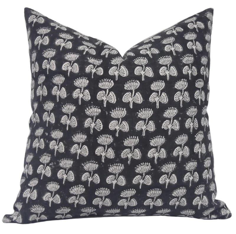 Damaru Black Pure Linen Floral Block Print Pillow Cover by Fabdivine