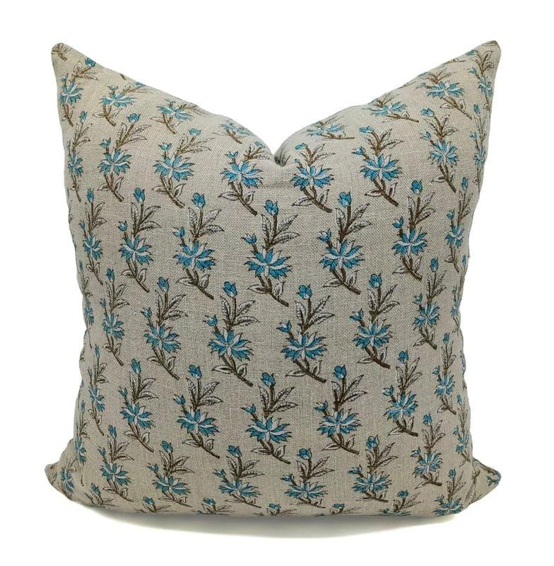 Deepika Blue and Brown Floral Hand Block Print Thick Linen Pillow Cover