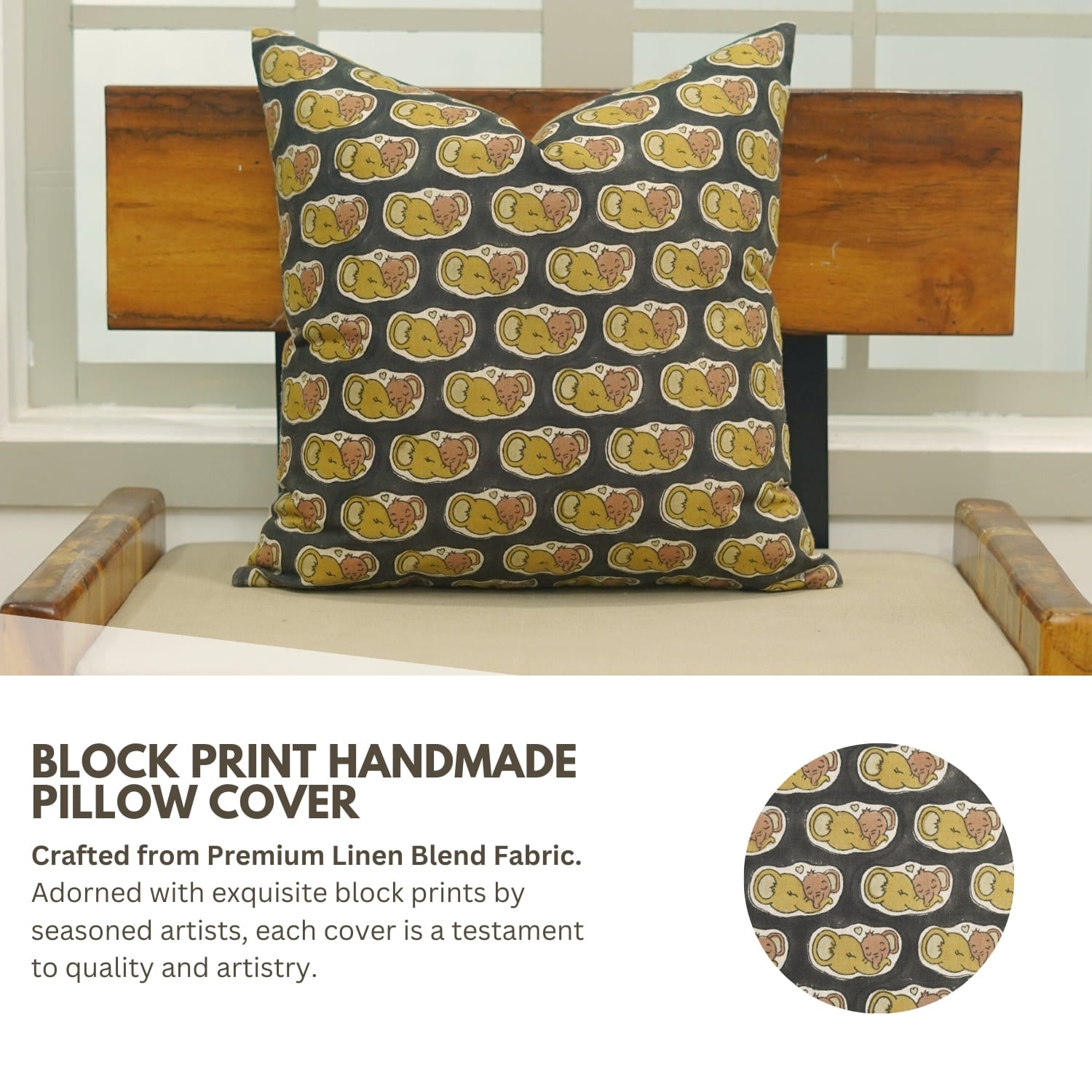 Block print handmade pillow cover on a wooden chair with text describing the product.
