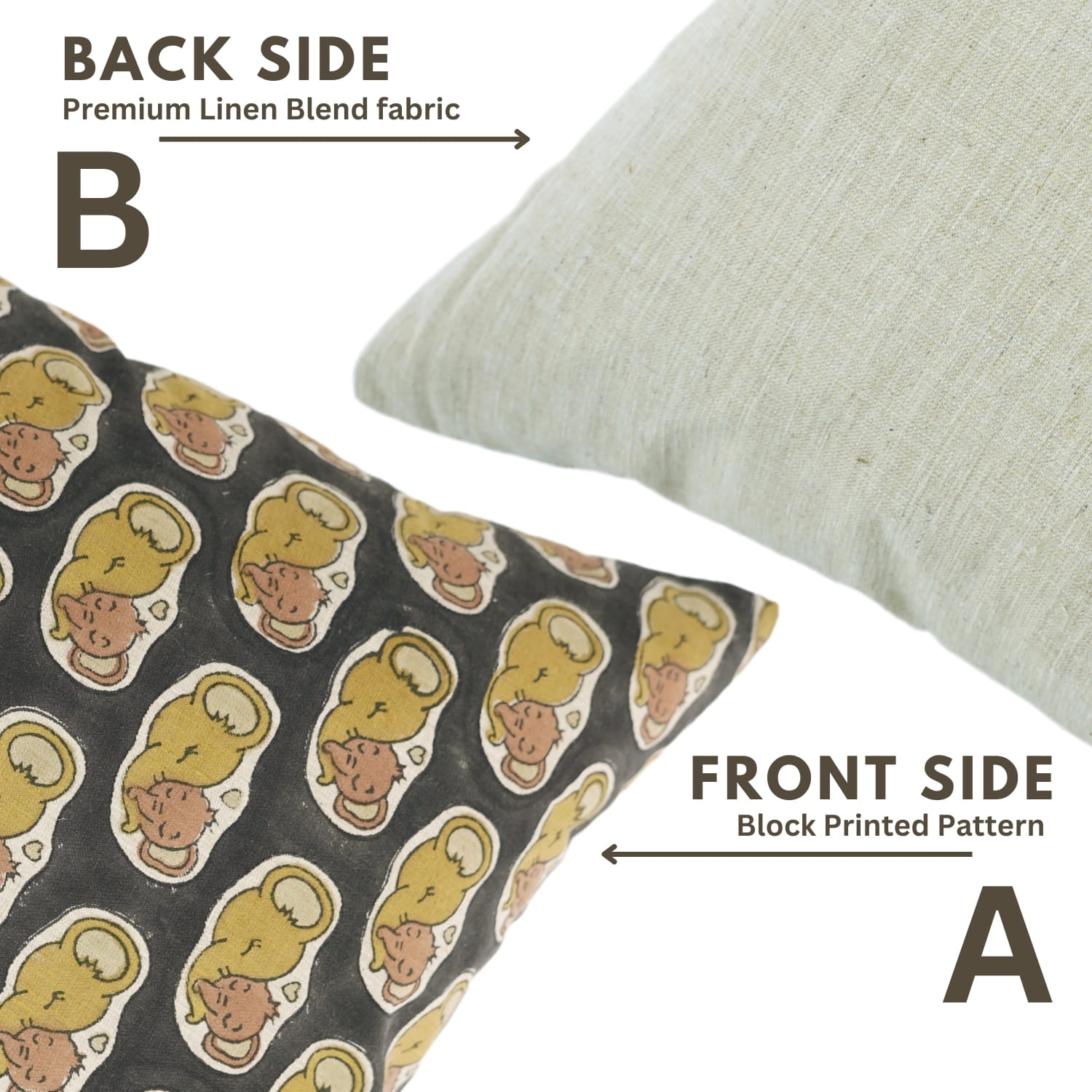 Two pillows showing front and back sides with block printed pattern and premium linen blend fabric.