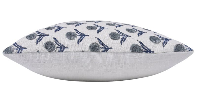 Decorative pillow with blue and gray pattern on a white background