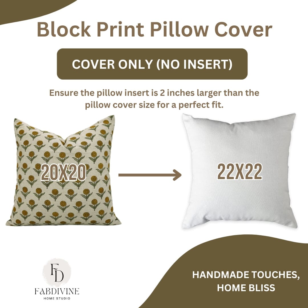 Block print pillow cover with dimensions and Fabdivine branding on a white background