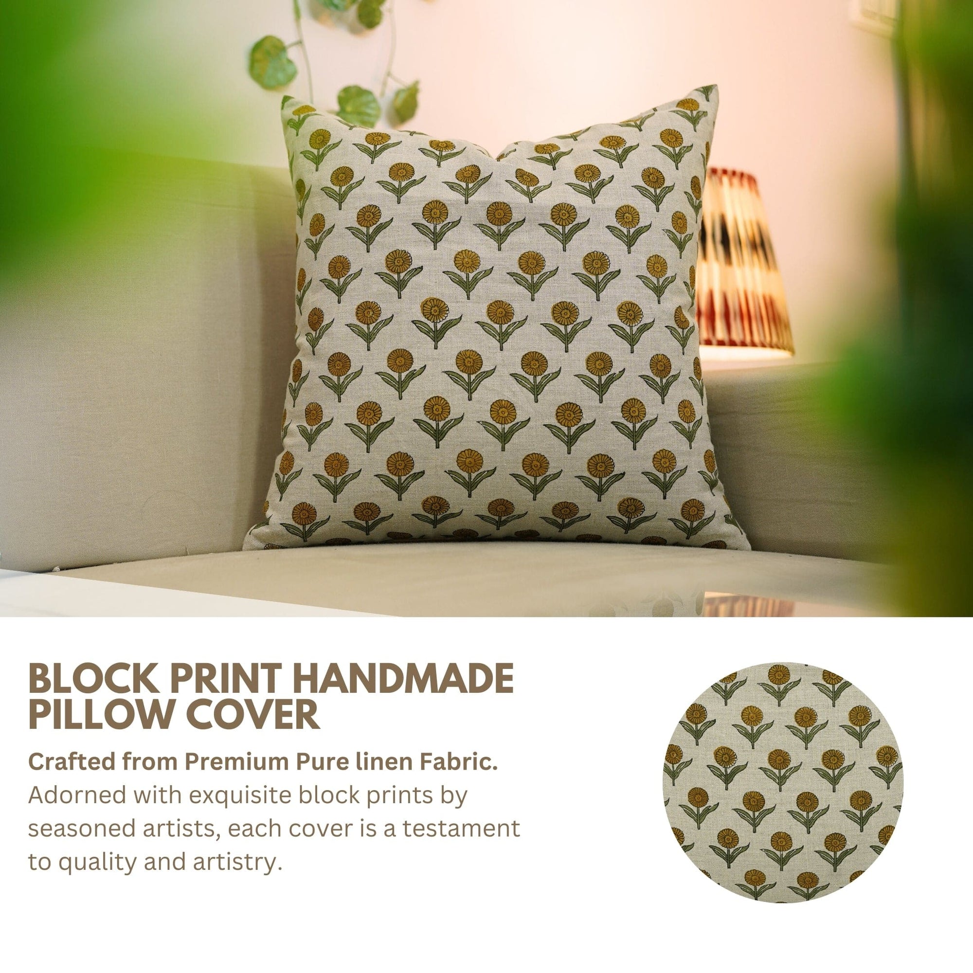 Decorative pillow with block print pattern on a couch, with text about the pillow's material and craftsmanship.