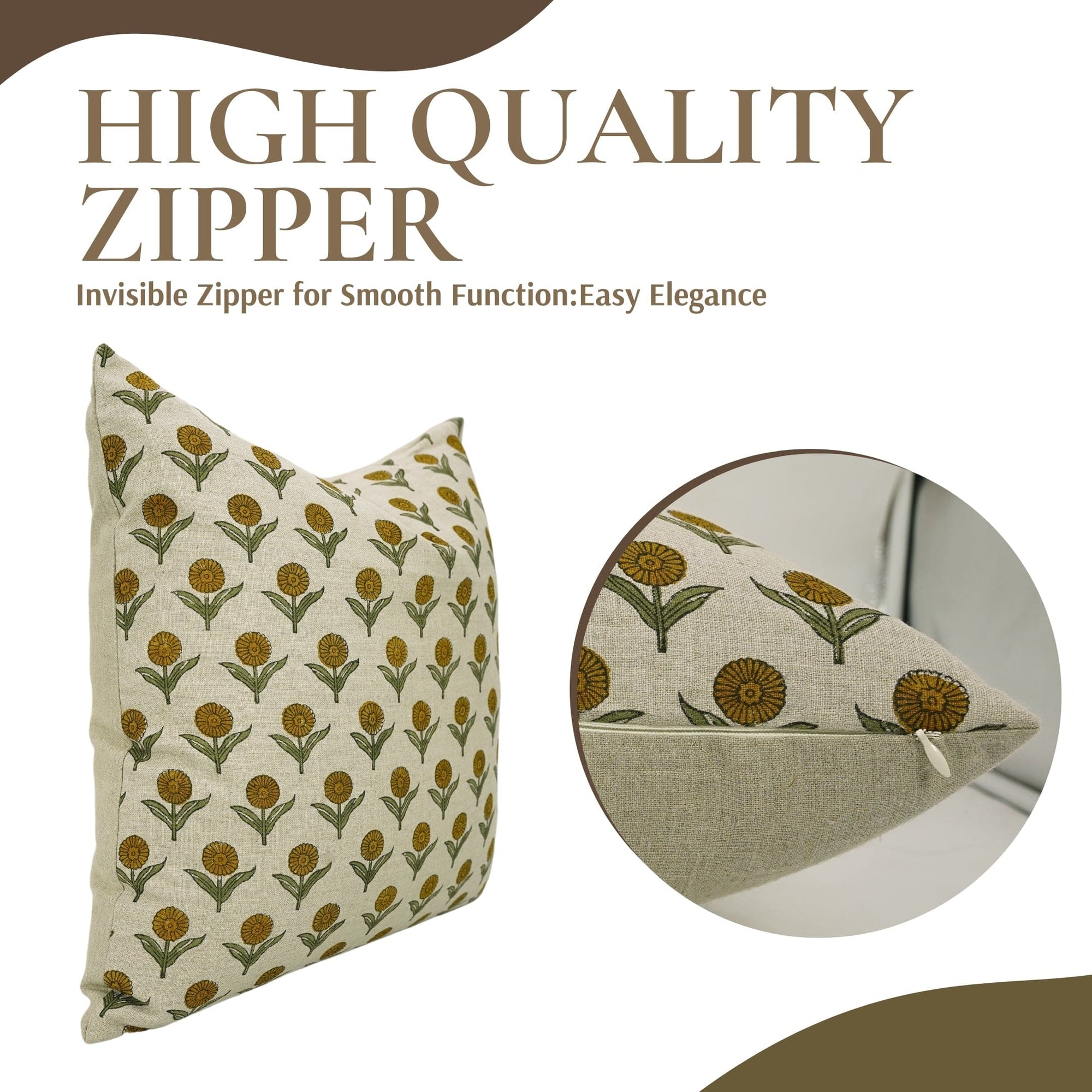 Decorative pillow with floral pattern and close-up of zipper on a white background