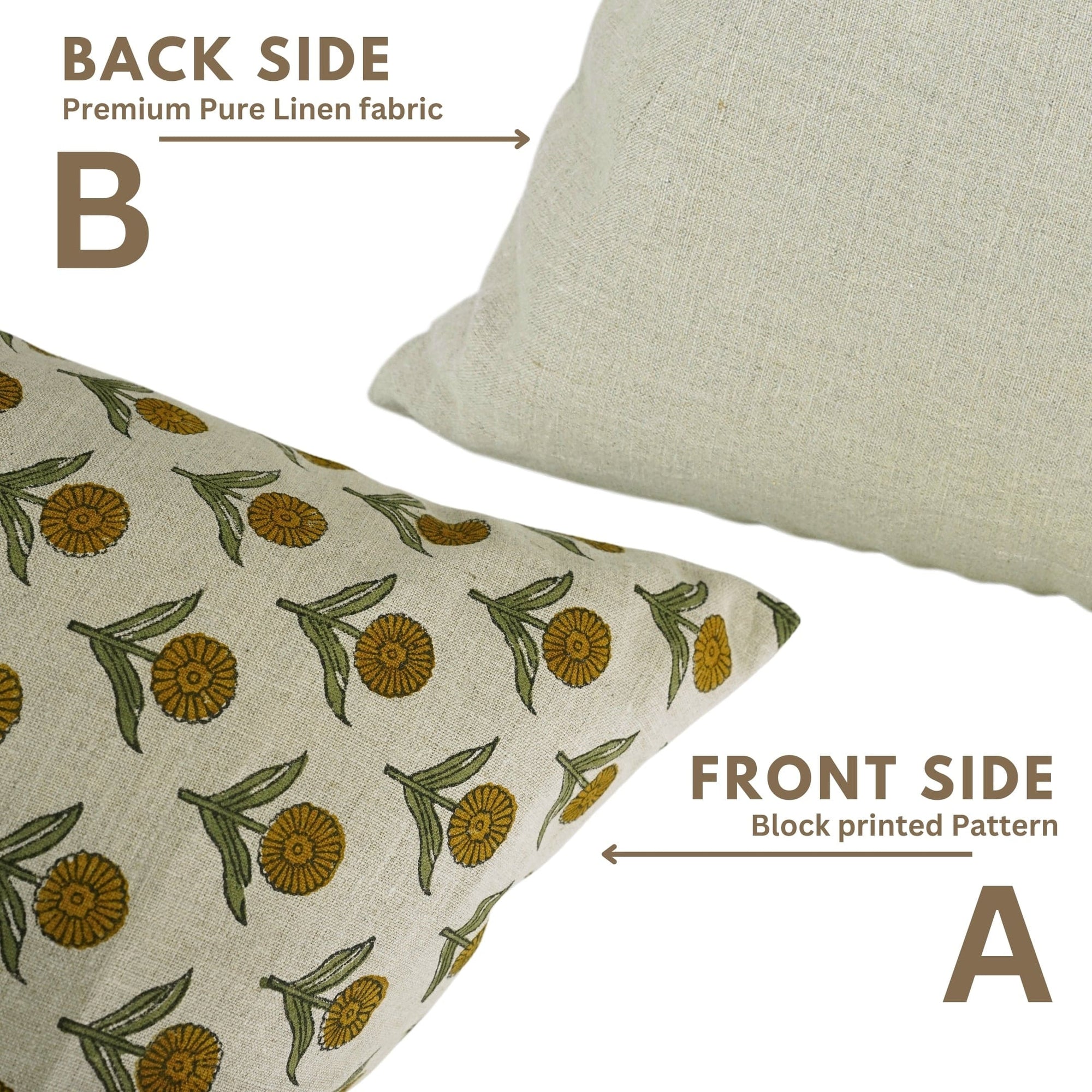 Two pillows showing front and back sides with floral pattern and plain fabric.

