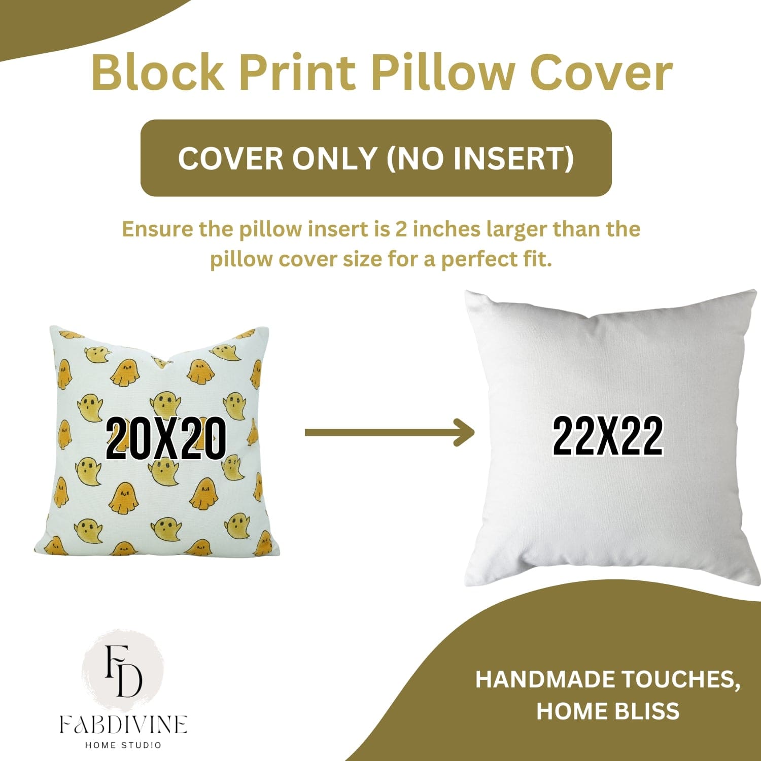 Block print pillow cover with dimensions and Fabdivine branding