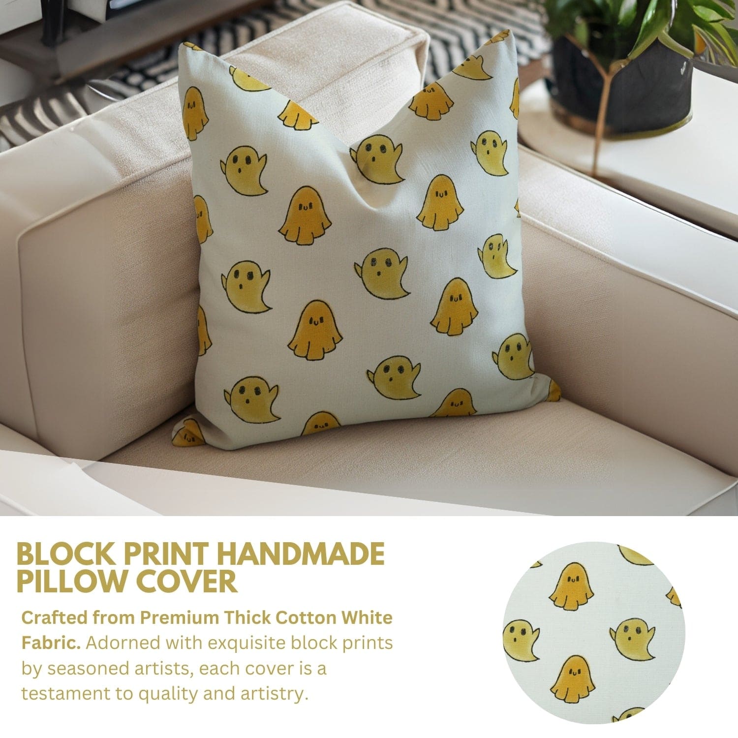 Full view of handblock print Ghost cushion cover by Fab Divine, displayed on sofa with home décor styling