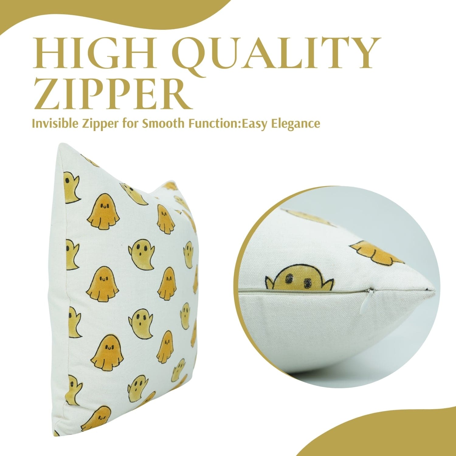 Decorative handblock print Ghost cushion cover with visible zippered back by Fab Divine