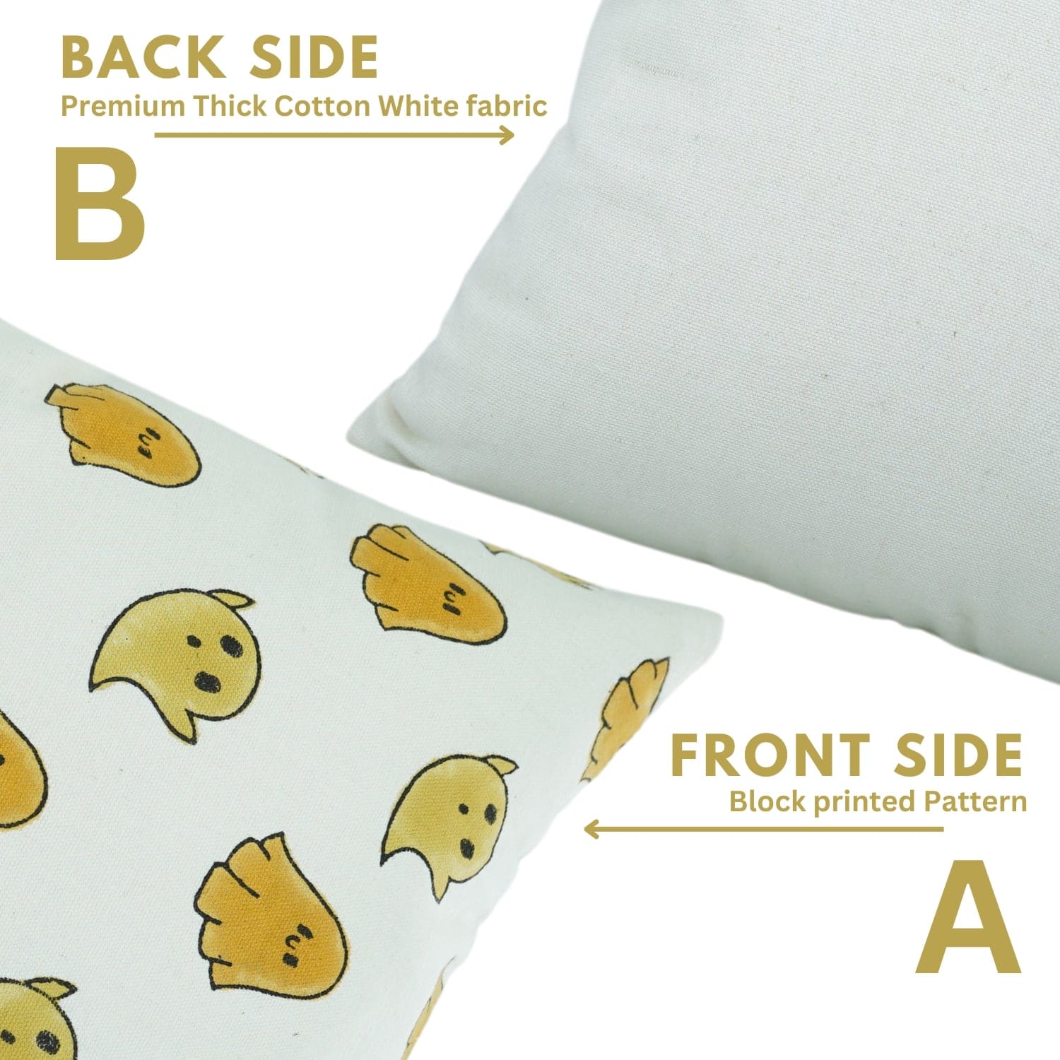 Two pillows, one with a block printed pattern and the other with a plain back side, on a white background.
