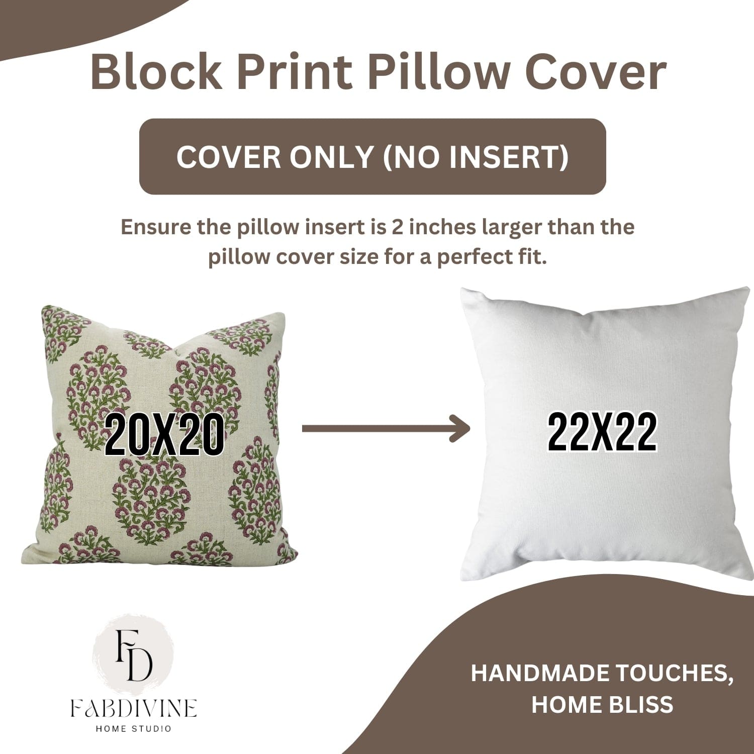 Handblock print Gudhal cushion cover by Fab Divine, displayed with size reference for home décor