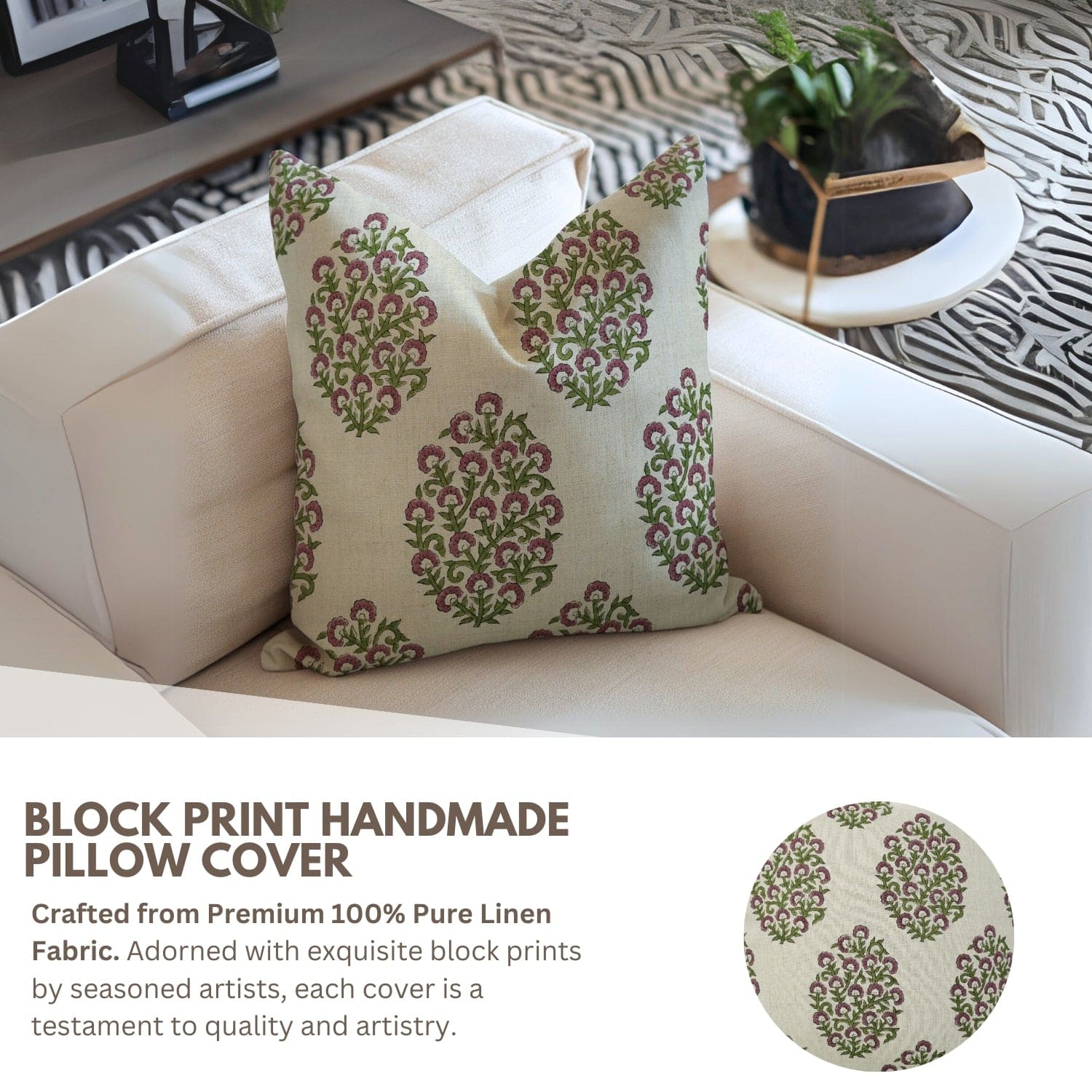 Full decorative pillow view of handblock print Gudhal cushion by Fab Divine on sofa or bed