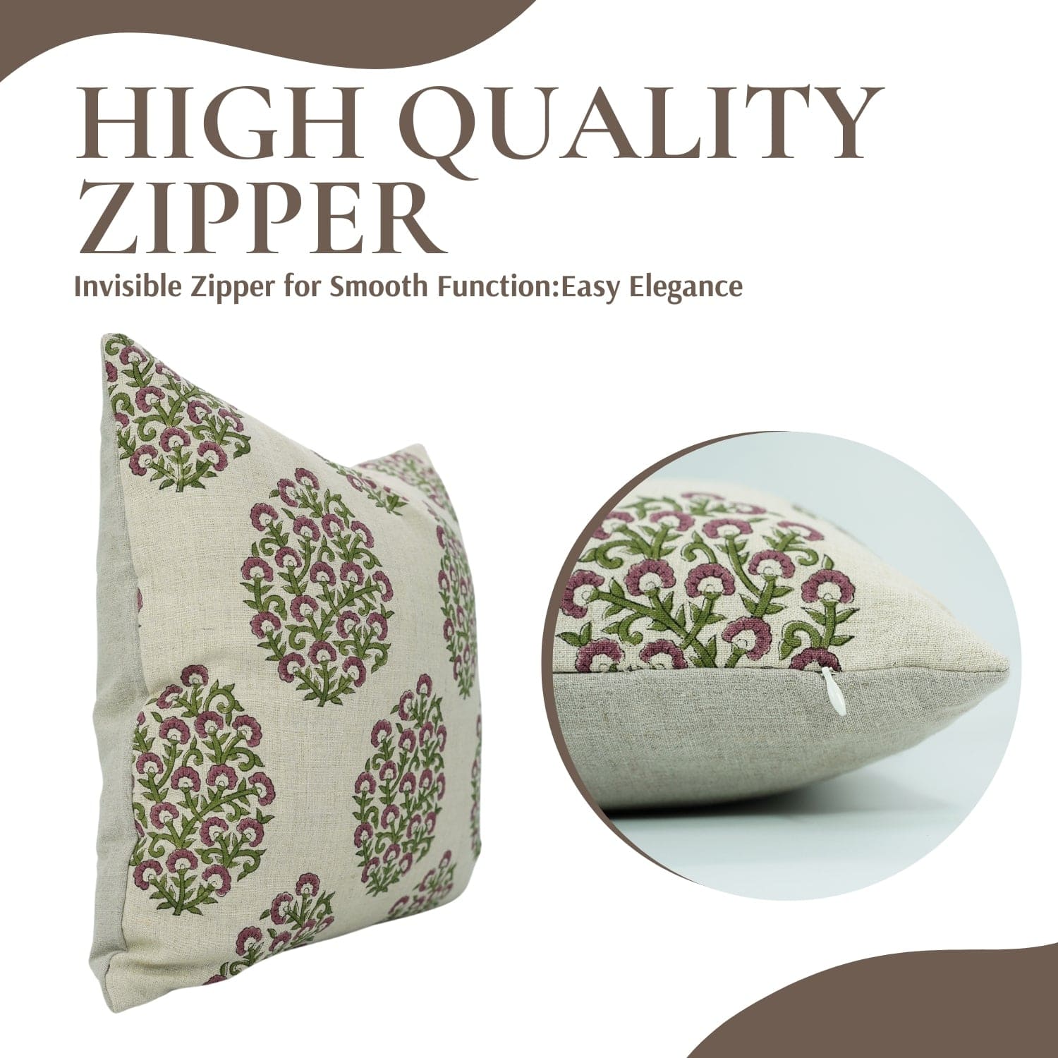 Zippered view of Fab Divine handblock print Gudhal pillow cover, pure linen fabric