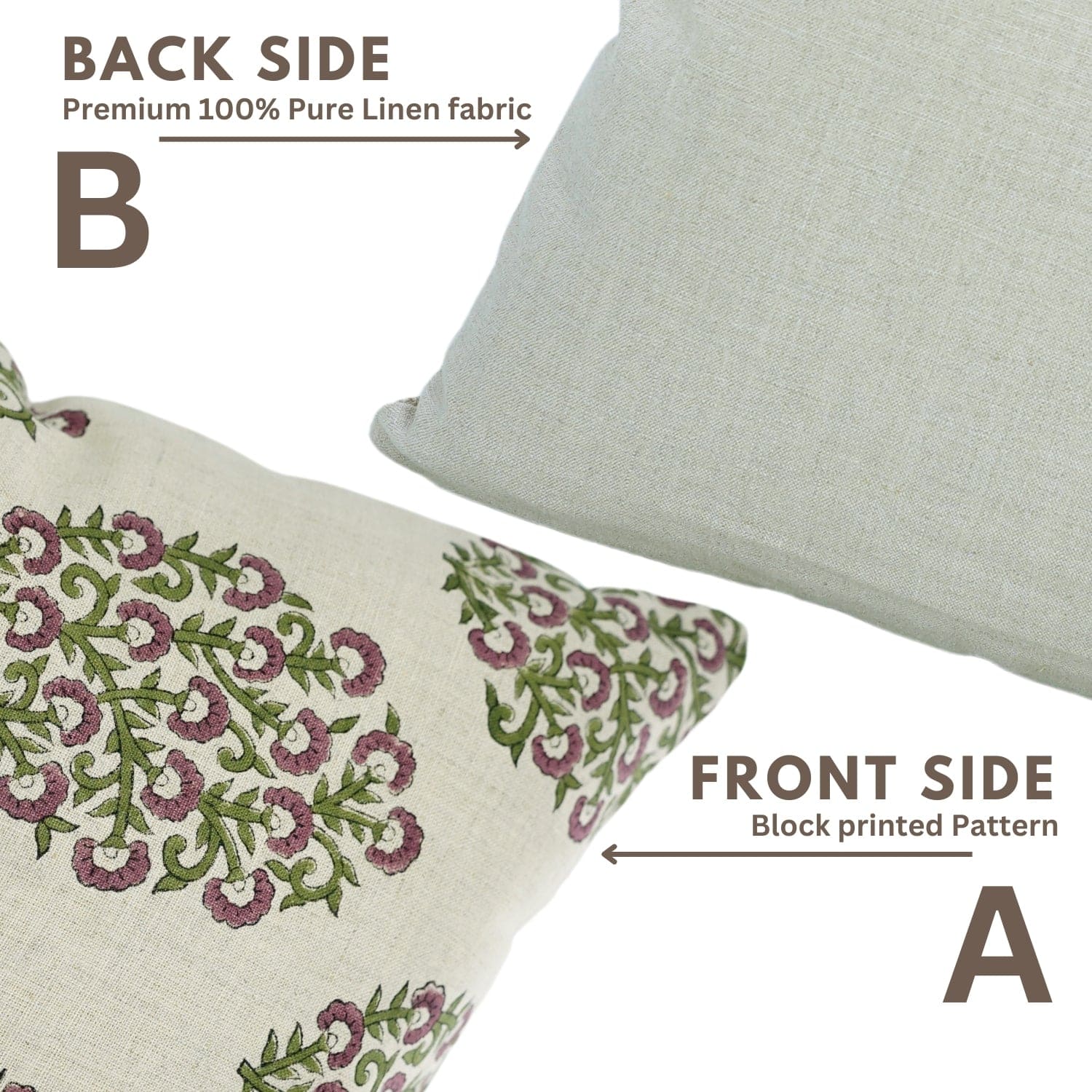 Handblock print Gudhal cushion cover by Fab Divine, showing patterned front and plain back sides