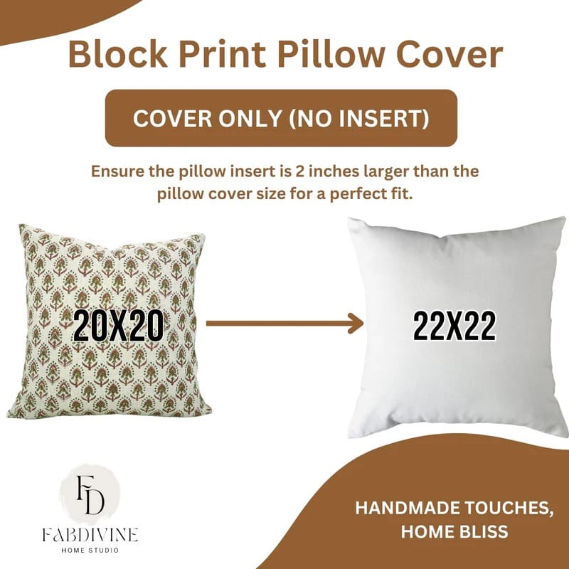 Block print pillow cover with size information and Fabdivine Home 