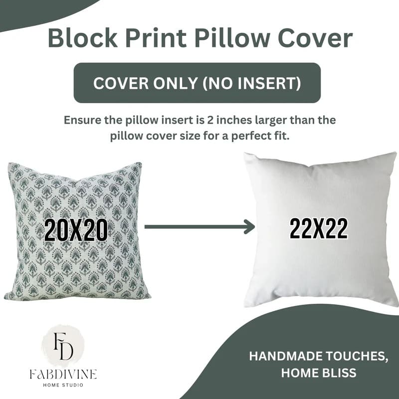 Block print pillow cover with size information and Fab Divine Home Studio branding.